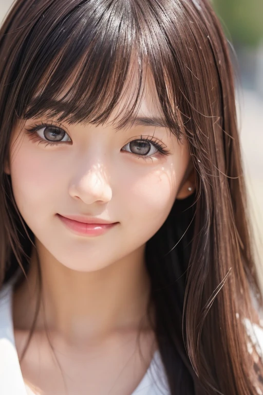 ((glistning skin))、1人、18 year old beautiful girl in Prague、bright expression、with round face、Glossy glossy skin、(Medium Hair)、eye liner、Beautiful bangs、Hair between the eyes、Digital SLR、Soft light、hightquality、natural soft light、Looking at the camera, Soft smile