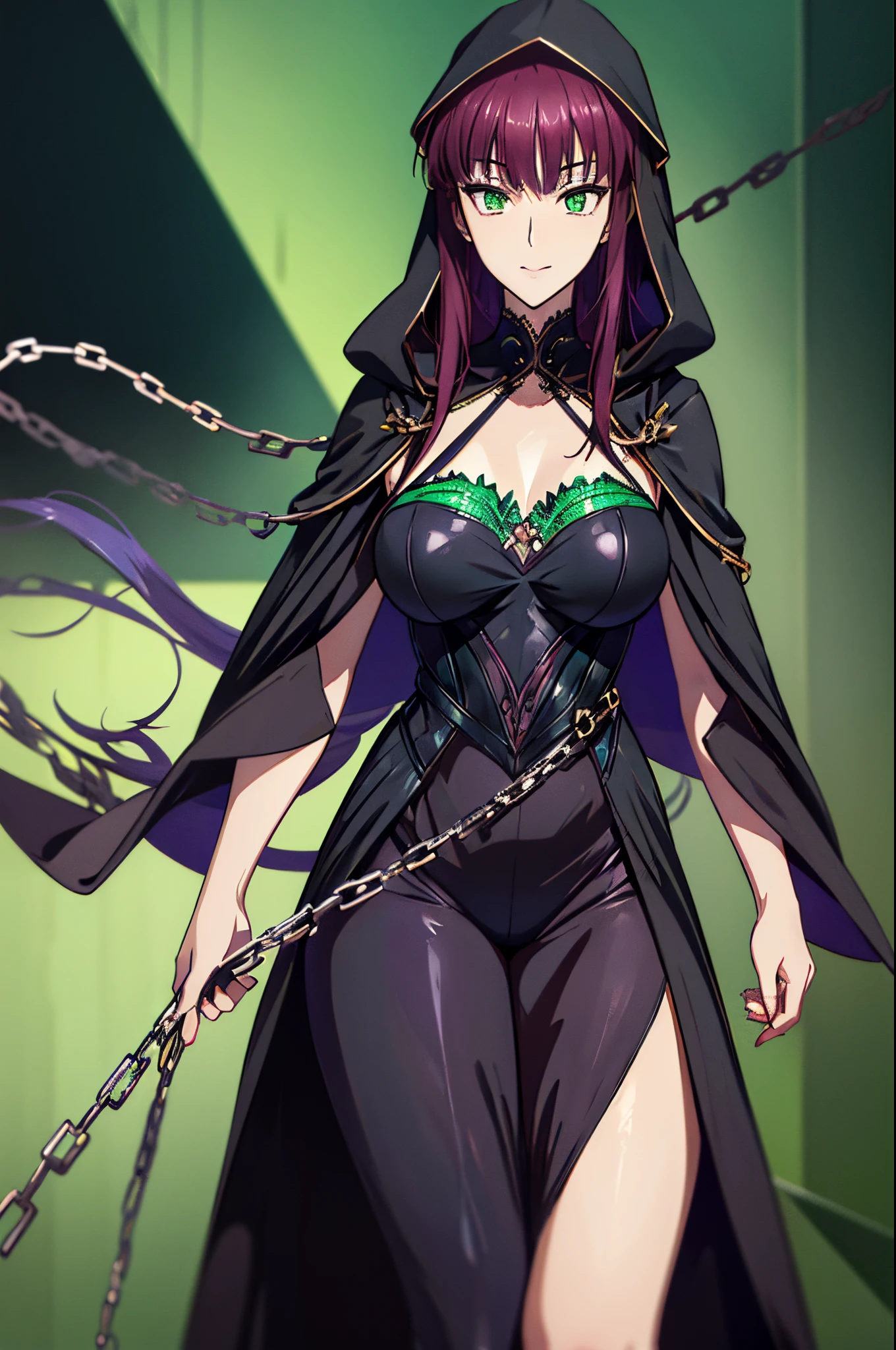 Makima (chain saw man),Sukasaha (Fate/grand order),Shimohira Reihua ,Sukasaha=Skadi,Hi-Res,Very delicate and beautiful CG illustration,top-quality,Realistic skin feeling,Realistic fabric,Realistic texture,beautiful thigh,big breasts thin waist,(((masutepiece))), (((Best Quality))),8K,32K,masterpiece,beautiful alluring anime woman,ultra-definition,ultra-detailliert,hight resolution,a hyperrealistic schoolgirl,masuter piece, Best Quality, High quality, High Definition, high quality texture, high quality shadow, high detailing,finely detail,1girl in,Solo,Soio,tall,AS-Adult,Mature atmosphere,Leg length,neat and long legs,8 Head Body,stature:171cm,Mature girls,Reddish-purple hair,Reddish-purple hair,Purple hair,silky and smooth hair,Colorful hair,Straight hair,Smile,Smiling happily,Seductive look,Bewitching look,Cute smile,Cute smile,Cool Beauty,Beautuful Women,Neat face, Beautiful realism,beautiful hairl,a necklace,Jade accessories around the neck,A slight smil,Colorful eyes,green colored eyes,Jade-colored eyes,beautidful eyes,Bright eye,Delicat eyes,Eyes Like Gems,Jade Eyes,Hanging eyes,(Green eyes:1.5),Seductive face,watching at viewers,mystic atmosphere,is standing,sorcerer,Witch,the witch,Fantasia,medieval european town,Medieval cityscape,holding magic wand,The tip of the magic wand is shining,Holding a magic wand,Wizard Hat,wear a big witch hat,Dresses with ruffles,Longer dress,gothic dress,Long skirt,wearing a black gothic dress,Wearing a black robe,magic circles,Rubik's Square,(((Witch's attire))) ,ruins,Dresses with less exposed skin,Mystical,Victorian,gothic styles,wearing a gothic dress,Long black dress,Best Shadow,Woman in Gothic black dress,cool color,black cloak,cloaks, cape with hood, cloak with hood,