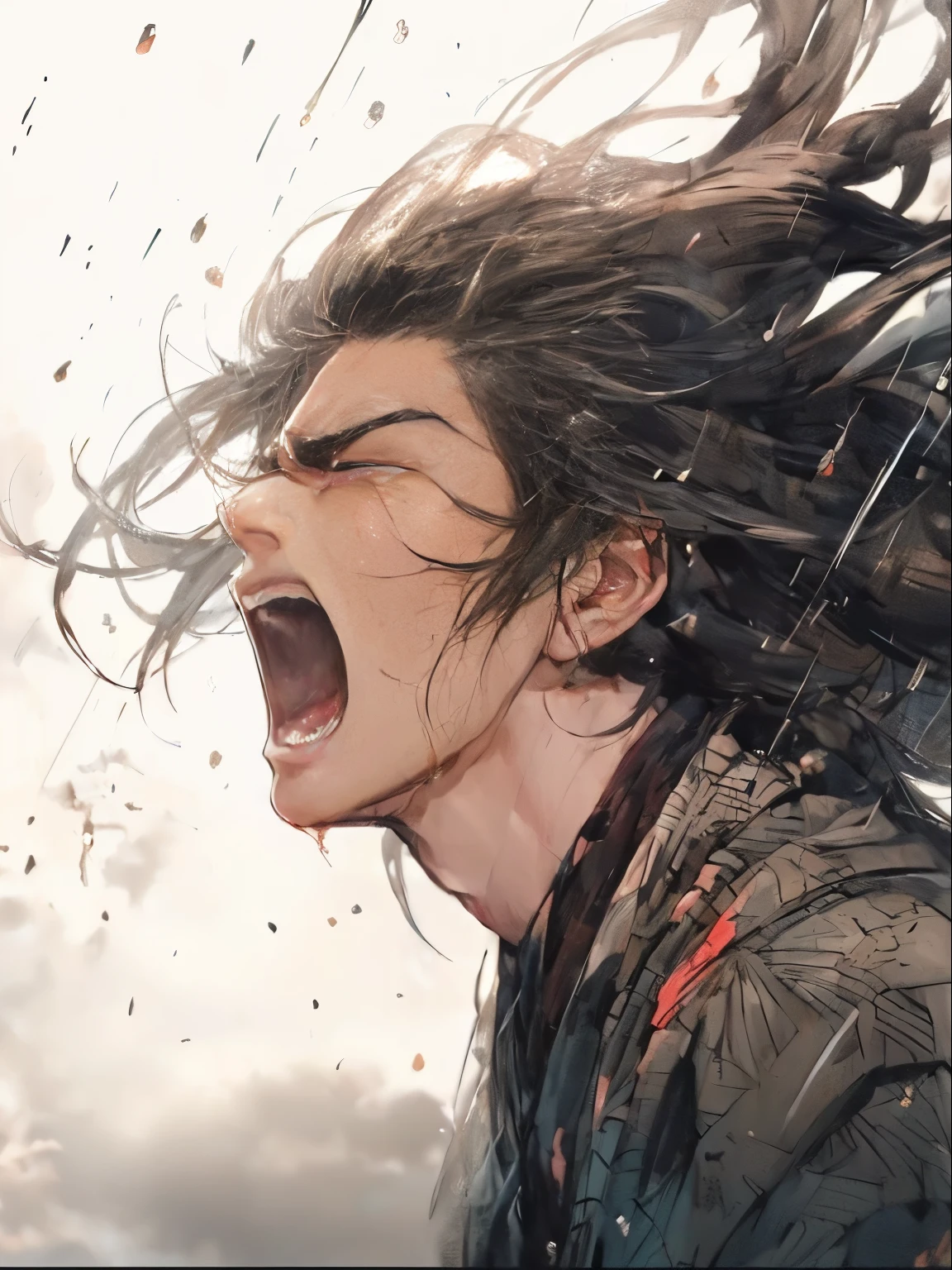 anime, a man with long hair and a beard screaming, handsome guy in demon slayer art, 4 k manga wallpaper, by Yang J, highly detailed angry anime face, by Li Zai, tsutomu nihei art, anime epic artwork, shigenori soejima illustration, badass anime 8 k, striking manga artstyle, eren yeager, detailed digital anime art