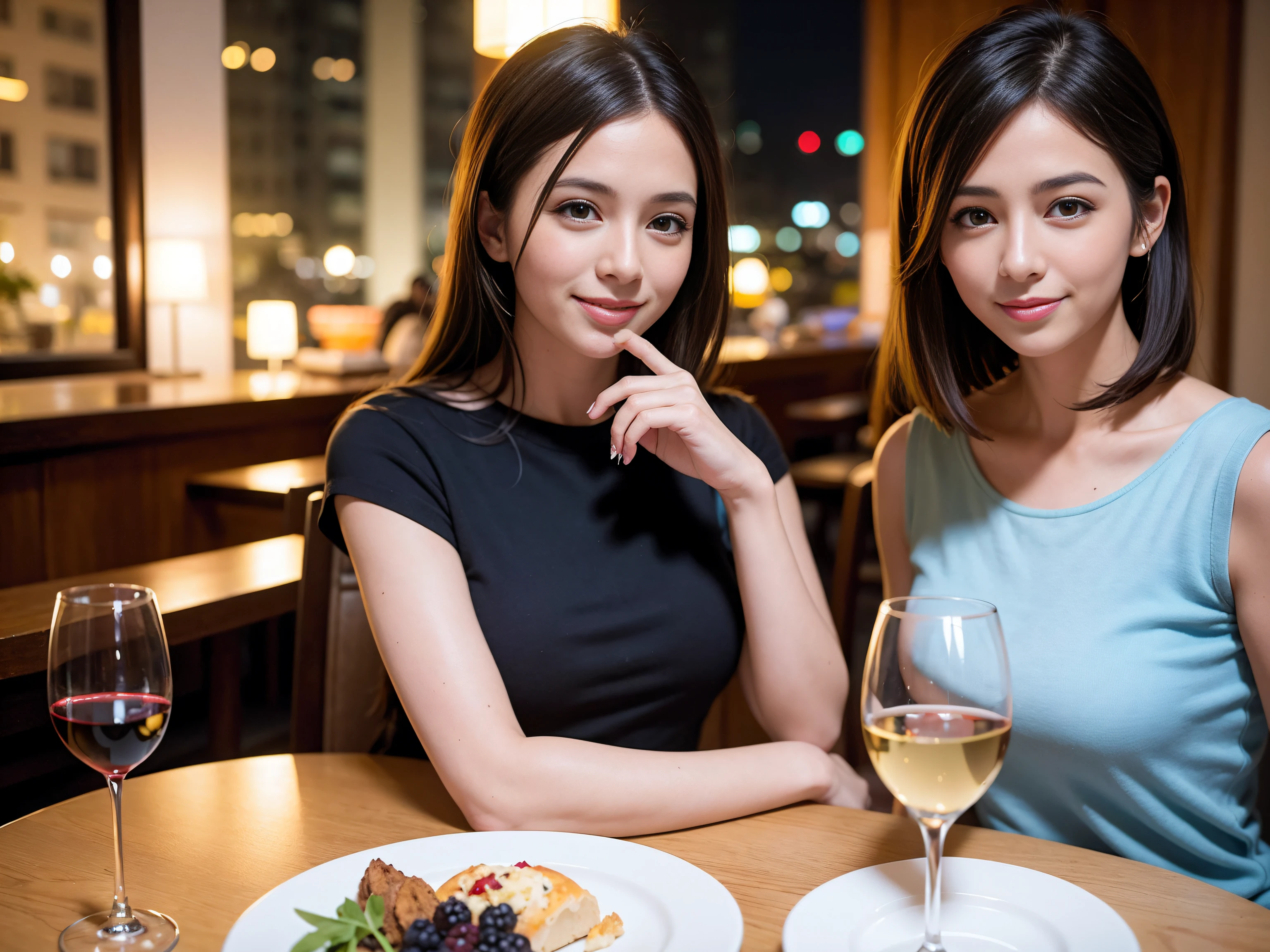 ((Highest quality、8K、masterpiece:1.3))、1 male 1 female、lover、Beautiful couple、Happy smile、full-course dinner、 (Slim face), (the body is スリム), (Brown Hair), (Shortcuts), ((Bob Hale、Straight hair:1.2)), テーブルの上のwine glass、Put the light on your face、 Amazing view of the sunset sky and clouds、The beauty of a smile、Bright image、Blushing, Shortcuts, (Age 35), 39 years old, Appetizers、Italian food、Wine bottle、Champagne、sparkling wine、Long sleeve shirt、dress、Attractive beauty、restaurant, Nova Frog Style, actress, model, Upper Body, White wine, red wine, wine glass,