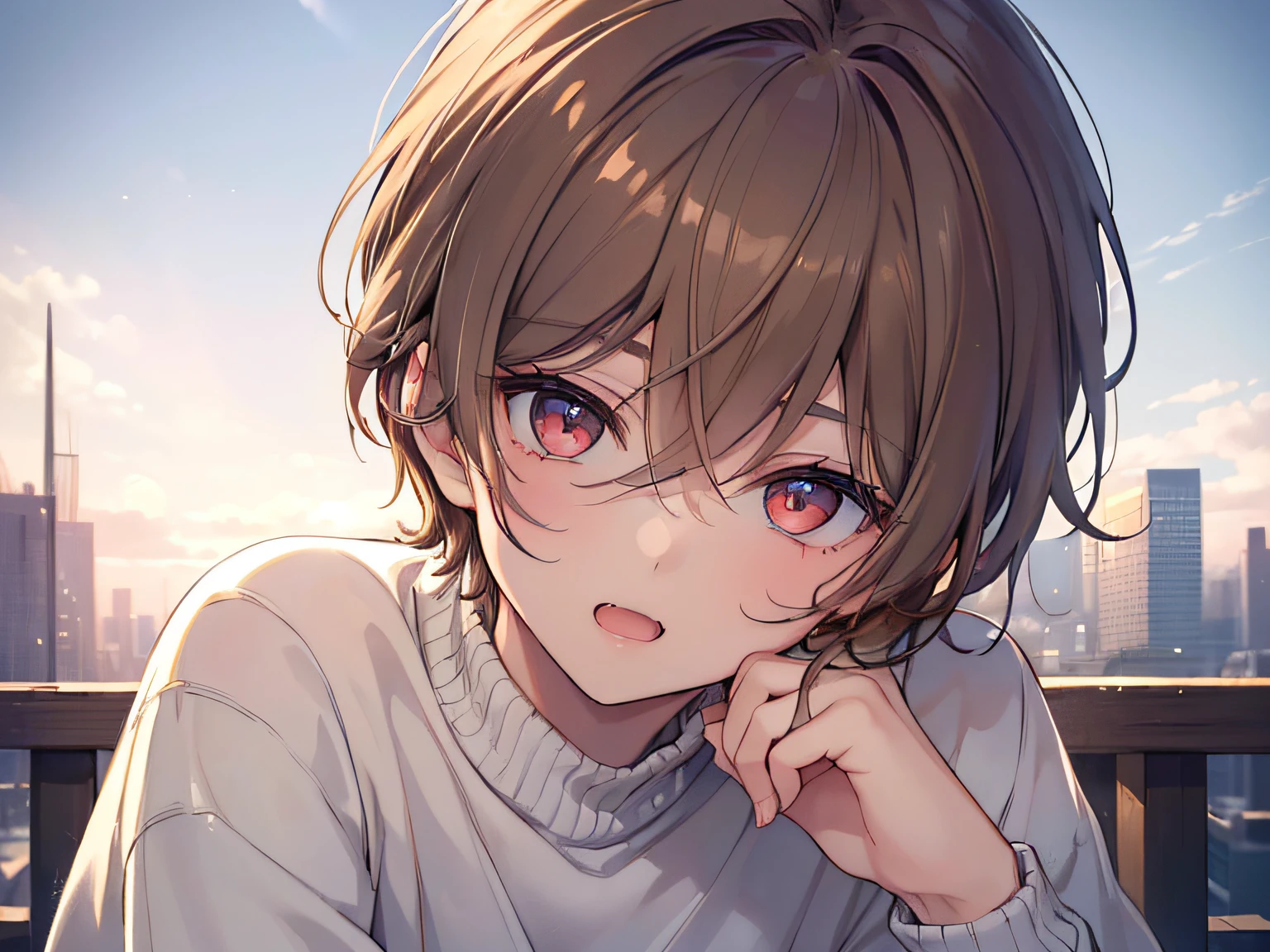 (((masterpiece))),(((best quality))),((ultra detailed)),((an extremely delicate and beautiful)), ((((solo boy)))), ((mid- guy)),cinematic angle,light brown hair,red eyes, (beautiful detailed eyes),hairs between eyes,gentle smile,knit sweater, open mouth with skin fang,neutral,cinematic lighting, beautifully detailed sky,perfect face, good looking,slightly cute,