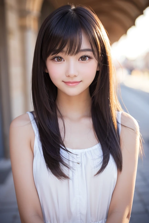 ((glistning skin))、1人、18 year old beautiful girl in Prague、bright expression、with round face、Glossy glossy skin、(Medium Hair)、eye liner、Beautiful bangs、Hair between the eyes、Digital SLR、Soft light、hightquality、natural soft light、Looking at the camera, Soft smile、cheer girl