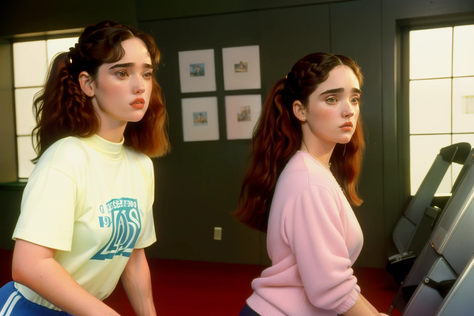 1995, Boston. Pre-raphaelite ((((40-year-old)) jennifer connelly)), at the gym, exercising, with a friend, ((((casual Clothing from the 1990s)))) ((Hairstyle of the 1990s)), ((Wes Anderson cinematic style)), colorful