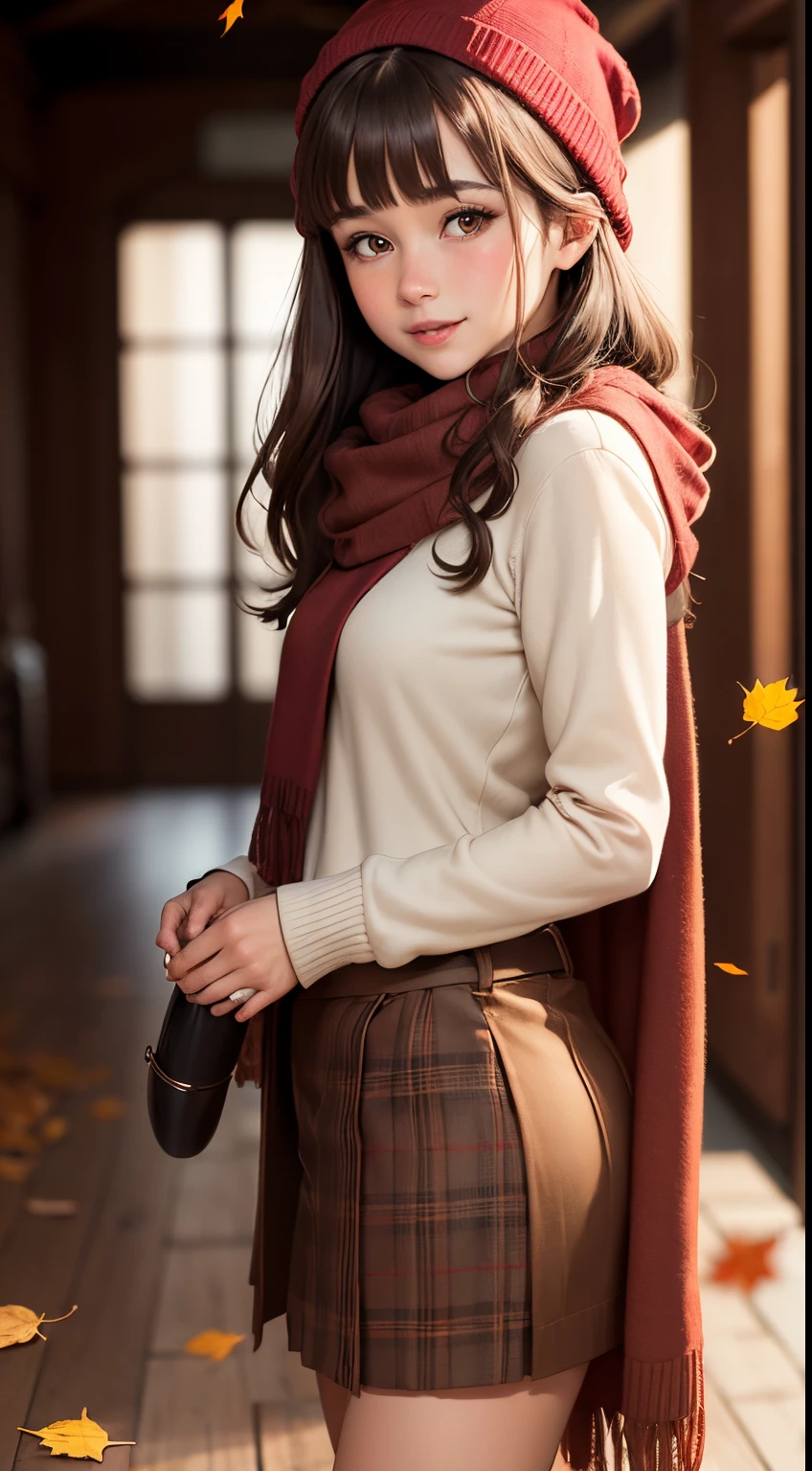 1girl in, Autumn leaves, Bangs, black headwear, Blurry background, blush, Brown eyes, Brown hair, （Accurate Hand Modeling）,brown scarf, Brown skirt, Cardigan, Cowboy Shot,Falling leaves, Beanie, Holding,fronds, Long hair, Long sleeves, Looking at Viewer, open cardigan, Open mouth, Plaid, plaid skirts, puffy long sleeves, Red Sweater, scarf, Shirt, shirt tucked in, side locks, Skirt, Loafer shoes,Smile, Solo, Sweaters, White shirt, Extremely detailed, Convoluted, masutepiece, absurderes,Getting naked in a hotel,