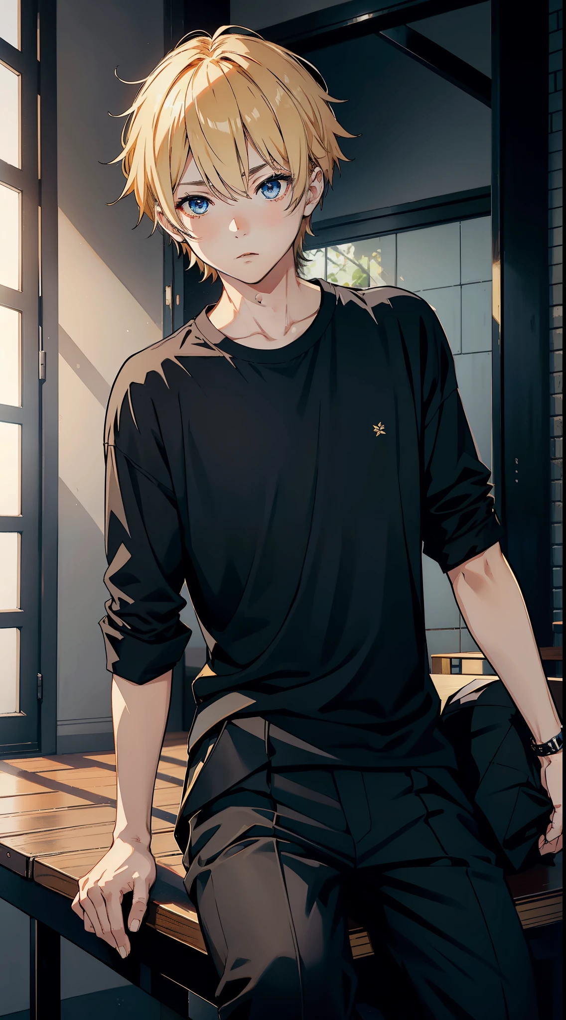 Sit facing the front。Golden wolf cut hairstyle hides left eye。Blue eyes。Staring at me。A boy wearing a black shirt and black pants。Without glasses、Revenge relationship