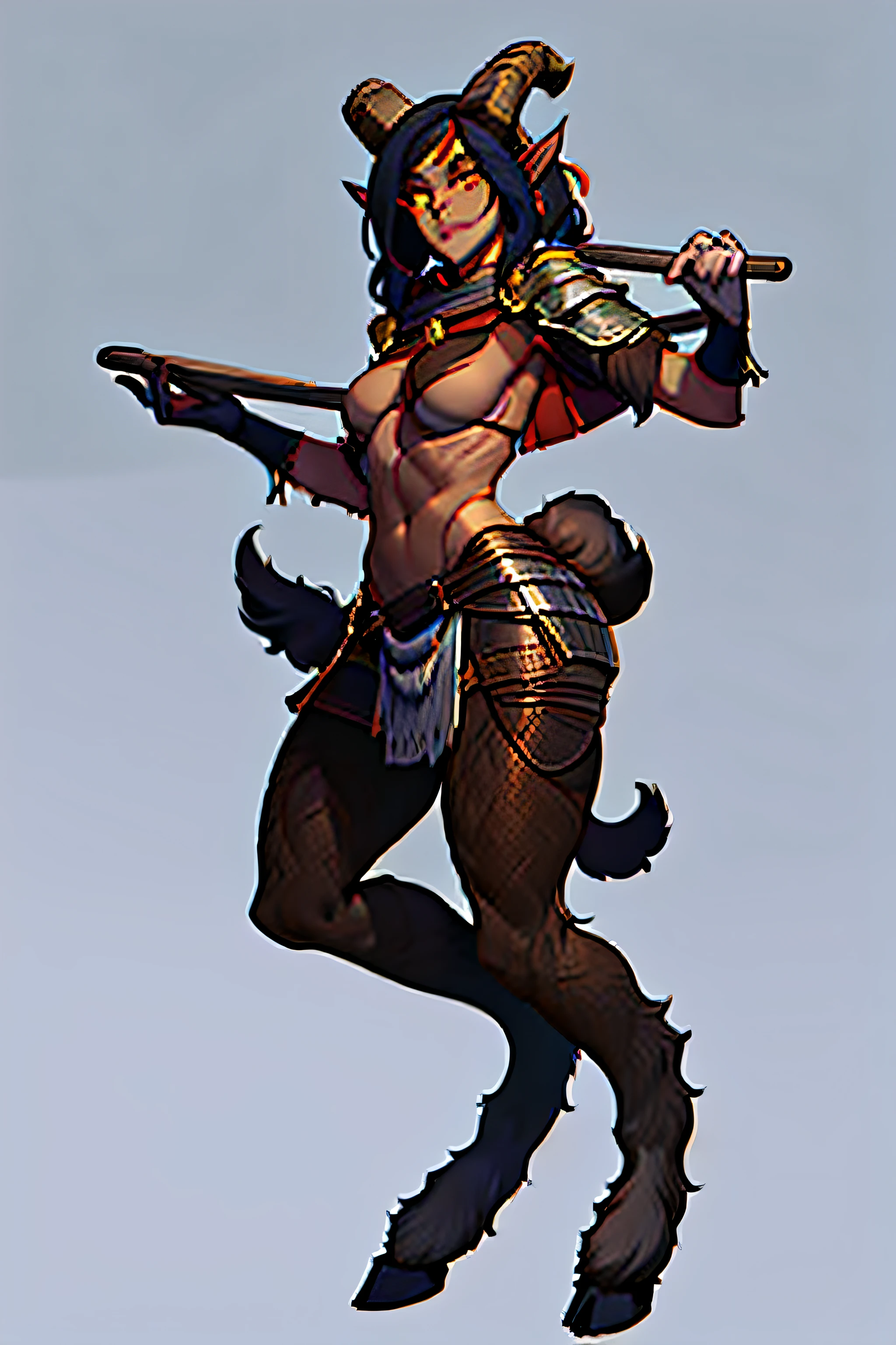 1satyr girl, goat horn, full body, perky breasts, goat legs, brown fur, cloven hooves, druid, simple shirt, lower body of a goat, standing up, furry hips, small tail, legs covered in fur completely, two legs, leather armor