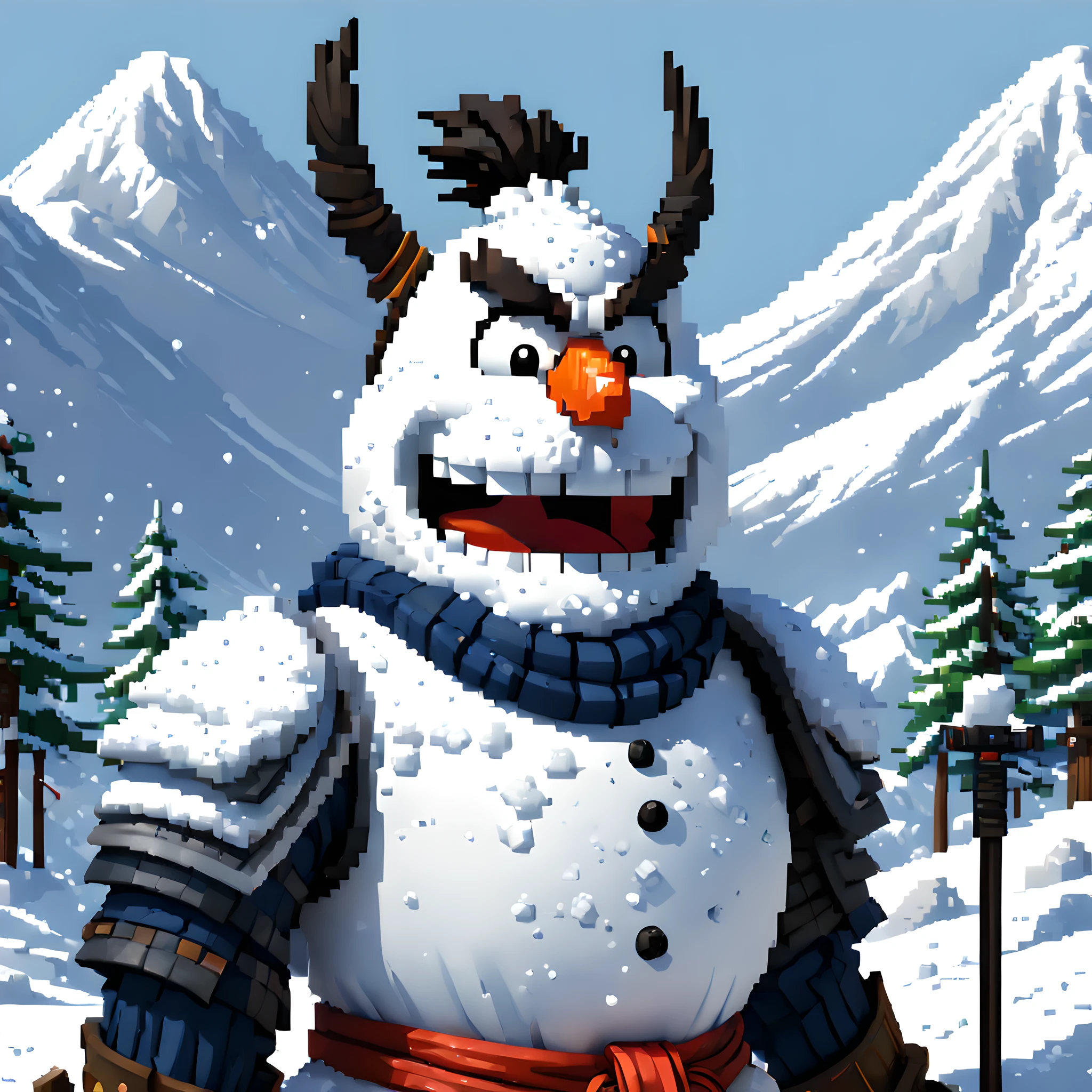 (Snowman:1.5),(Pixel art:1.5), (pixel theme:1.5), (fantasy:1.5), (Japanese game character:1.5), (Toshiro Mifune:1.5), (Japanese samurai:1.5), (General Winter:1.5),(snow:1.5), (snowy:1.5), (snow mountain:1.5),(white_out:1.5), (fantastic illustration:1.5),(dynamic:1.3), (absurderes:1.5),(ultra_detailed:1.5),(delicate:1.5),(Detail on facial expressions:1.5),(best quality:1.5),(masterpiece:1.5),