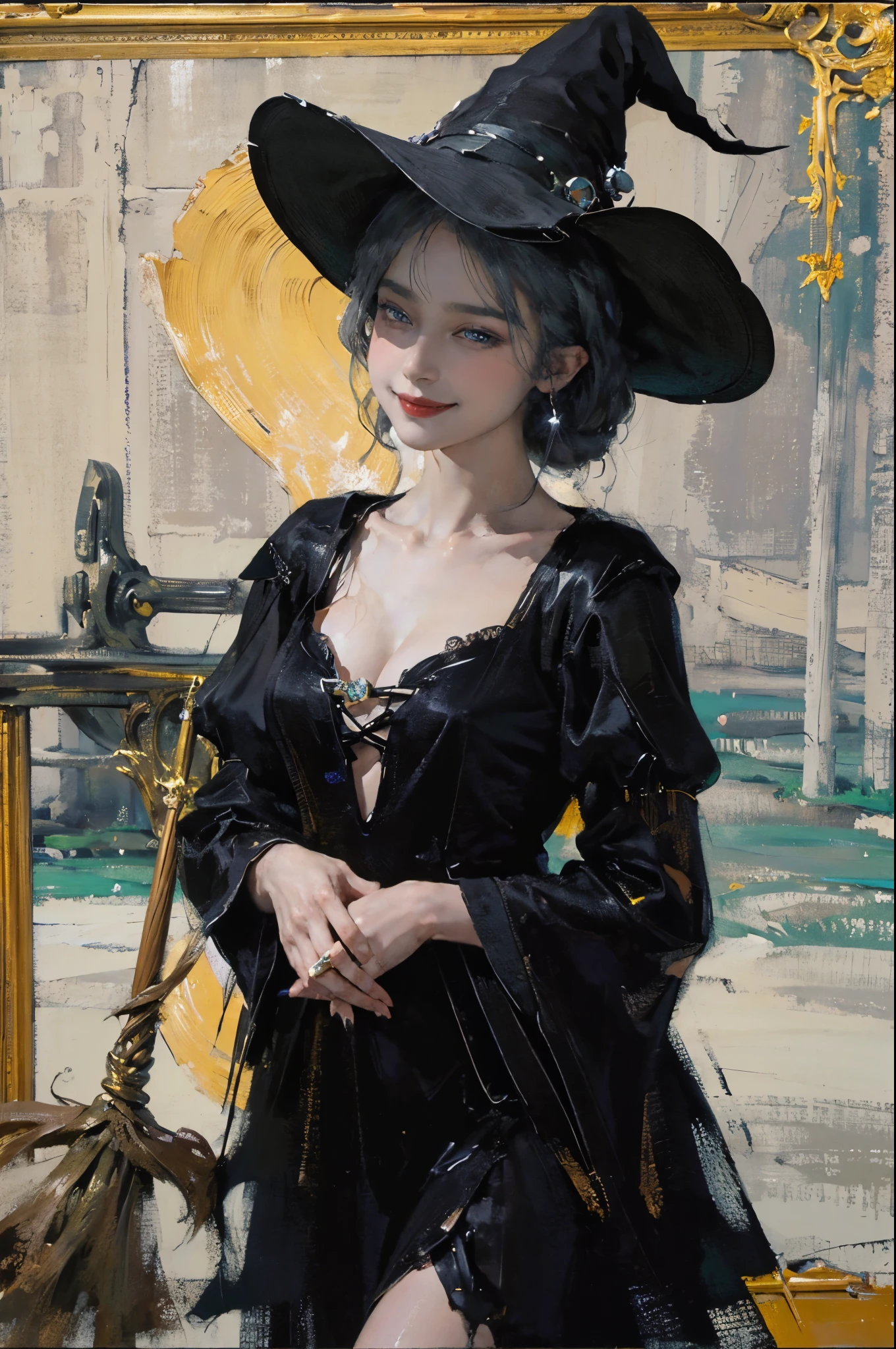 (1 rapariga),((Yuri))),((Medieval witches))),(Look at each other),((medieval world)), (((The witch's old black hat))), (Slim witch in white), (slim maleficent), ((Witch's magic flying broom)),Gentle eyes, Ride a broom,happy laughing,Learn magic,(She has a naughty smile on her face:1.4), Friendly and girly face, Glass earrings on the ears, Purgatory Altar, Ancient ruins overgrown with plants, Great Demon Temple, great cathedral, devils'sera, temple ruins, detached temple, Magic Array, Ancient Castle Site,crumbling ruins, monumental site,The water is clear, wavelets, flowingwater,teens girl,Perfect mature female figure, slim toned body,mediuml breasts,Sweated,Wet hair,(very delicate beautiful),Contour deepening, realistically, Precise geometry, Complicated details, Smiling, Close-up cleavage,Charming and sexy legs,((Sexual suggestiveness)),,(post-Impressionist),,(Fechin Oil Painting - Fechin Oil Painting , oil painted), 01