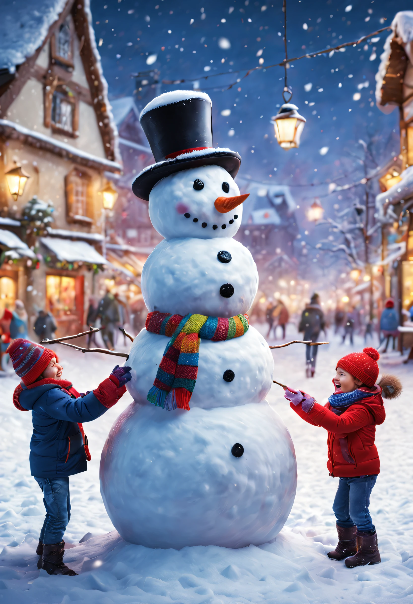 (best quality,4k,highres,masterpiece:1.2),ultra-detailed,snowy town square,kids joyfully building snowmen,completed snowmen adorned with colorful props,childish laughter,floating snowflakes,serene and lively scene,joyful atmosphere,Beautifully detailed depiction,red-cheeked kids,short break in the winter play,Advanced lighting effects,magical winter wonderland,beautifully decorated snowmen with whimsical accessories,winter fun for everyone,laughing and playing in the snow,kids enjoying the winter magic,playful and vibrant ambiance,Snow falls on the children's hair,Children are enjoying the innocence and happiness brought by the snow,soft diffuse lighting,smiling faces amidst the snowflakes,Lovely snowy scenery,children's winter wonderland,Unique snowman creation,cosy winter scene,brimming with joy,kids' happiness in the snow-covered square,festive snow decorations,The children are busy adding colorful props to the snowman