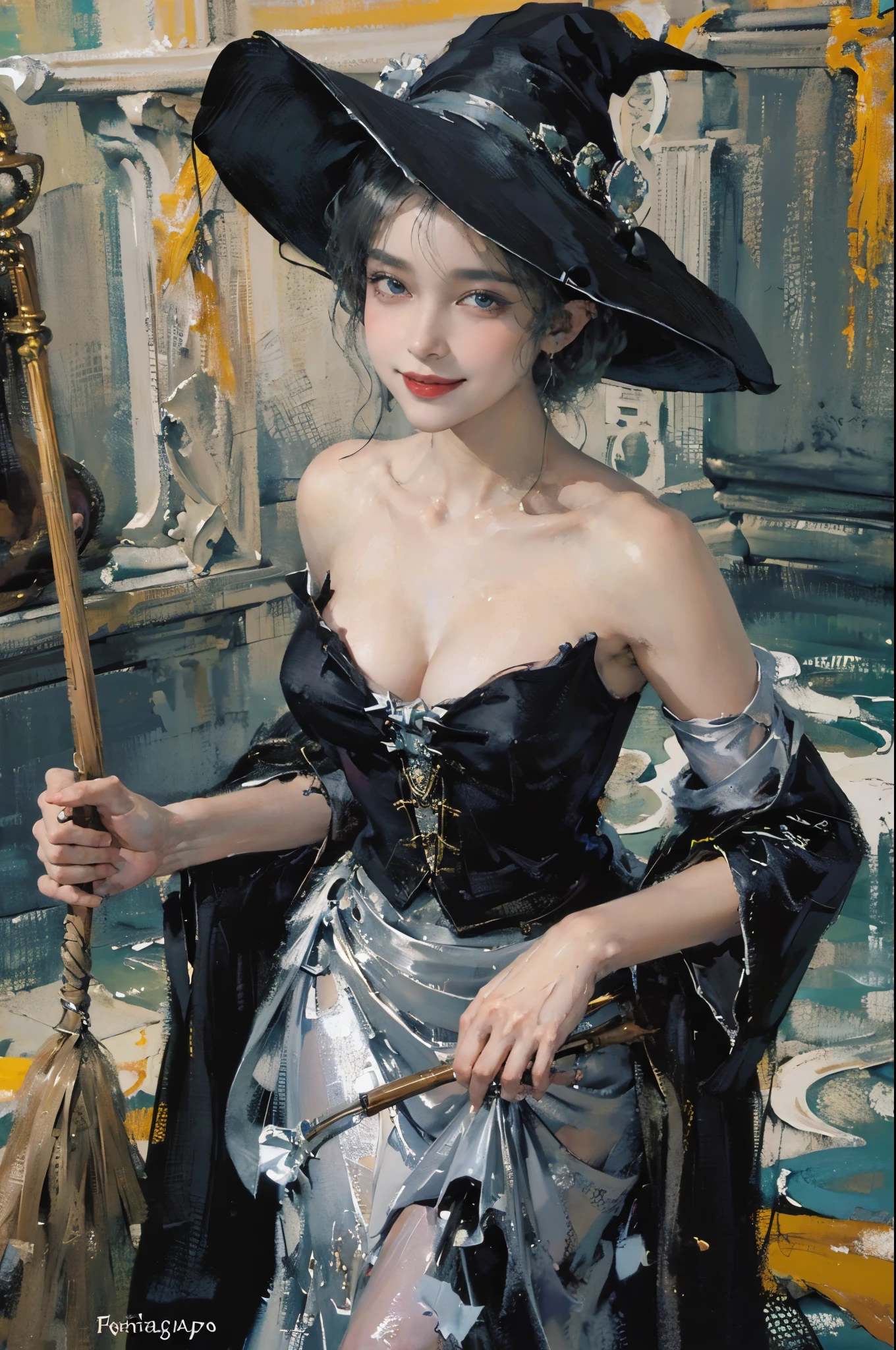 (1 rapariga),((Yuri))),((Medieval witches))),(Look at each other),((medieval world)), (((The witch's old black hat))), (Slim witch in white), (slim maleficent), ((Witch's magic flying broom)),Gentle eyes, Ride a broom,happy laughing,Learn magic,(She has a naughty smile on her face:1.4), Friendly and girly face, Glass earrings on the ears, Purgatory Altar, Ancient ruins overgrown with plants, Great Demon Temple, great cathedral, devils'sera, temple ruins, detached temple, Magic Array, Ancient Castle Site,crumbling ruins, monumental site,The water is clear, wavelets, flowingwater,s girl,Perfect mature female figure, slim toned body,mediuml breasts,Sweated,Wet hair,(very delicate beautiful),Contour deepening, realistically, Precise geometry, Complicated details, Smiling, Close-up cleavage,Charming and sexy legs,((Sexual suggestiveness)),,(post-Impressionist),,(Fechin Oil Painting - Fechin Oil Painting , oil painted), 02