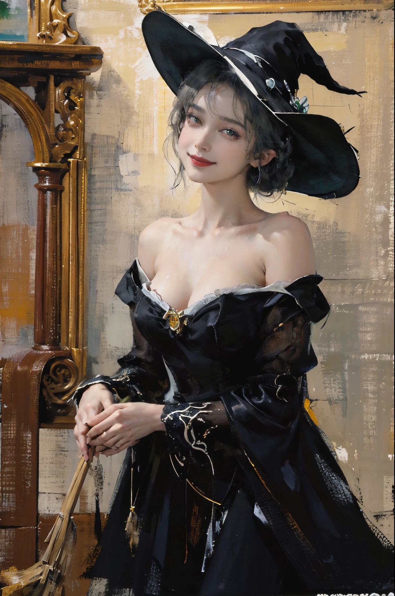 (1 rapariga),((Yuri))),((Medieval witches))),(Look at each other),((medieval world)), (((The witch's old black hat))), (Slim witch in white), (slim maleficent), ((Witch's magic flying broom)),Gentle eyes, Ride a broom,happy laughing,Learn magic,(She has a naughty smile on her face:1.4), Friendly and girly face, Glass earrings on the ears, Purgatory Altar, Ancient ruins overgrown with plants, Great Demon Temple, great cathedral, devils'sera, temple ruins, detached temple, Magic Array, Ancient Castle Site,crumbling ruins, monumental site,The water is clear, wavelets, flowingwater,s girl,Perfect mature female figure, slim toned body,mediuml breasts,Sweated,Wet hair,(very delicate beautiful),Contour deepening, realistically, Precise geometry, Complicated details, Smiling, Close-up cleavage,Charming and sexy legs,((Sexual suggestiveness)),,(post-Impressionist),,(Fechin Oil Painting - Fechin Oil Painting , oil painted), 02