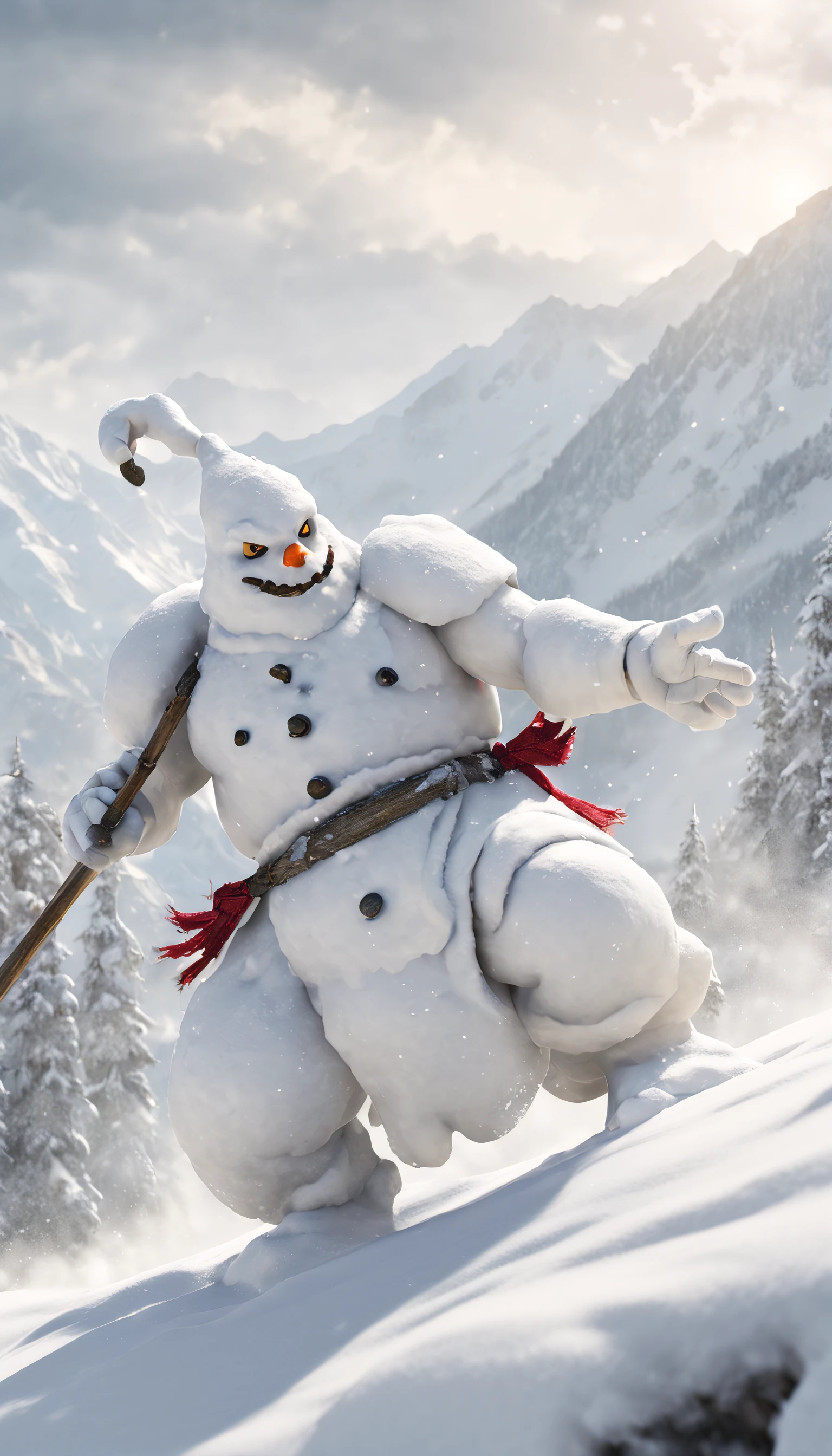 (masterpiece, best quality, ultra-detailed, photorealistic), a warrior snowman, made of show, walking, snowy mountain area, dynamic pose