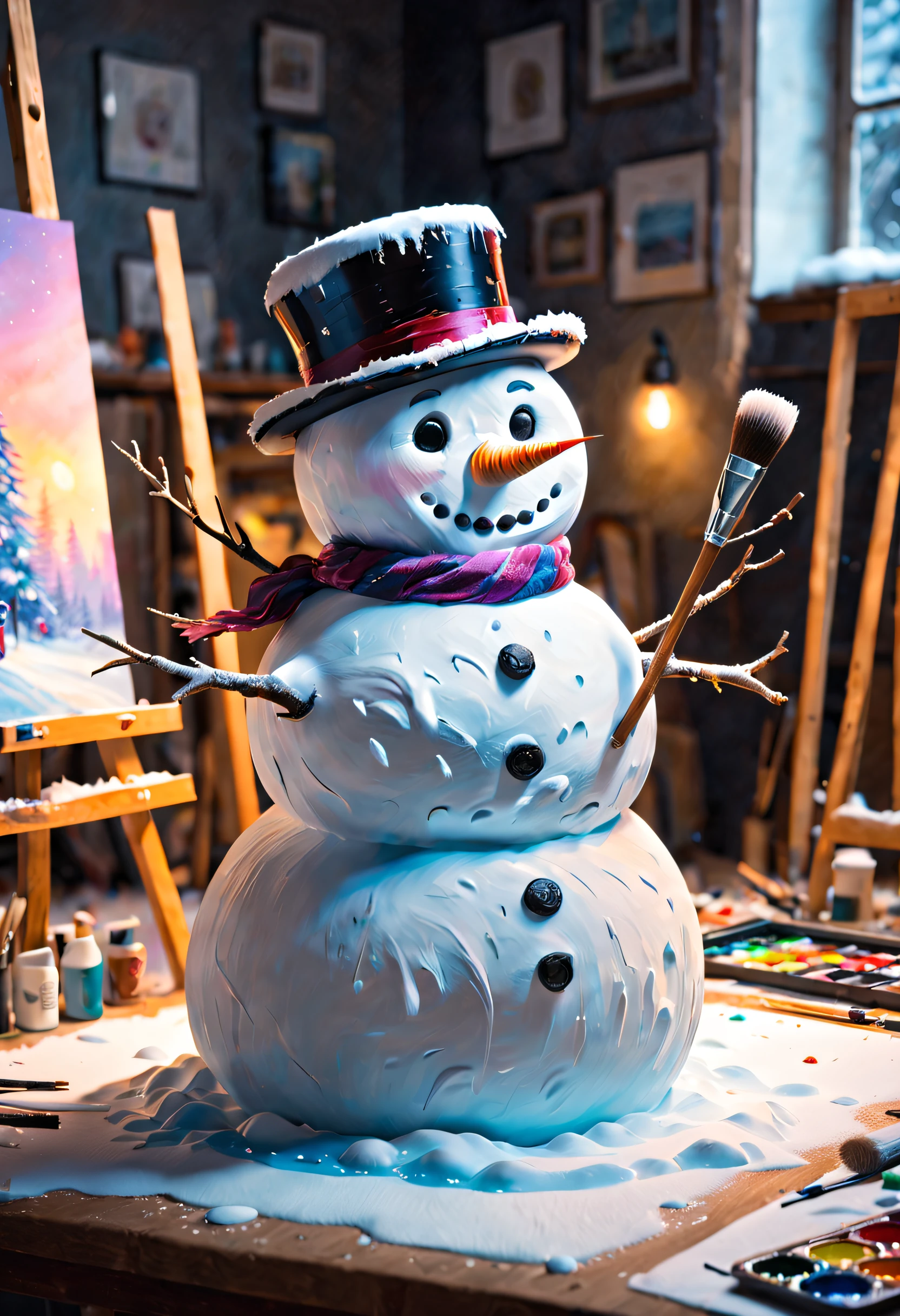 A painter is devoting all his heart and soul to create a masterpiece of a painting of a snowman in an art studio. With meticulous brushstrokes, he portrays every detail of the snowman, making it come to life. The realistic lighting and vibrant colors fill the entire artwork with movement and vitality.

Tags: artist, art studio, snowman, meticulous brushstrokes, lifelike, realistic lighting, vibrant colors, dynamic, masterpiece, detailed, high resolution, ultra-detailed, vivid colors, bokeh.