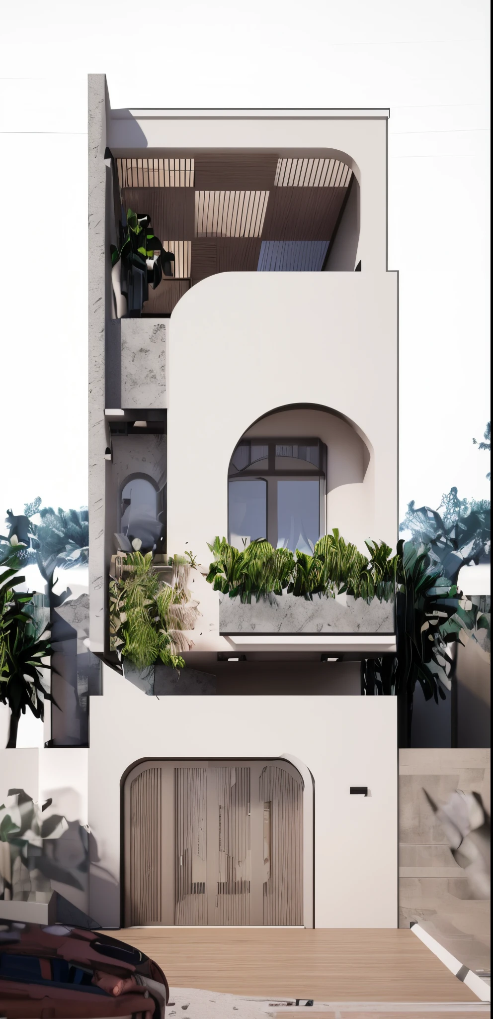 arafed building with a car parked in front of it, wide angle exterior 2022, arhitectural shot, exterior design, realistic architecture, frontview, render to resolute perfection, mid-view, inter dimensional villa, elevation view, overall architectural design, highly detailed render, very detailed render, detailed rendering, architectural concept