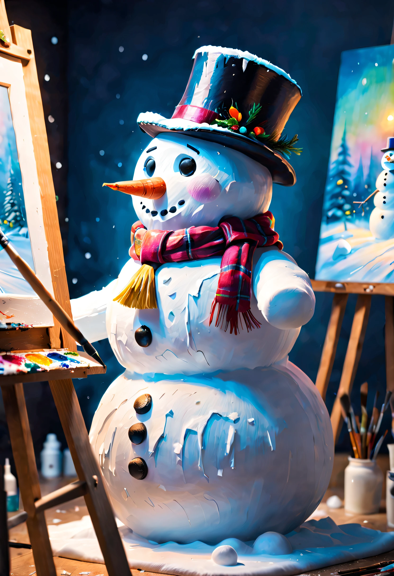 A painter is devoting all his heart and soul to create a masterpiece of a painting of a snowman in an art studio. With meticulous brushstrokes, he portrays every detail of the snowman, making it come to life. The realistic lighting and vibrant colors fill the entire artwork with movement and vitality.

Tags: artist, art studio, snowman, meticulous brushstrokes, lifelike, realistic lighting, vibrant colors, dynamic, masterpiece, detailed, high resolution, ultra-detailed, vivid colors, bokeh.