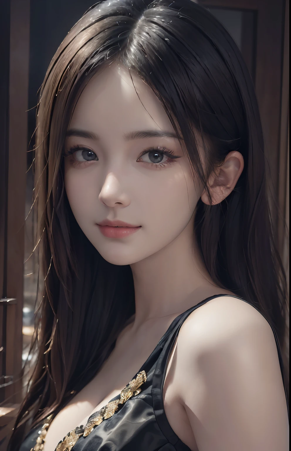 (Ultra Realistic), (Illustration), (Increased Resolution), (8K), (Extremely Detailed), (Best Illustration), (Beautiful and Detailed Eyes), (Best Quality), (Ultra Detailed), (Masterpiece ), ( wallpaper), (detailed face), solo, 1 girl, looking at viewer, fine details, detailed face, in the dark, deep shadows, low key, pureerosfaceace_v1, smiling, long hair, black shawl straight hair , 46 points oblique bangs