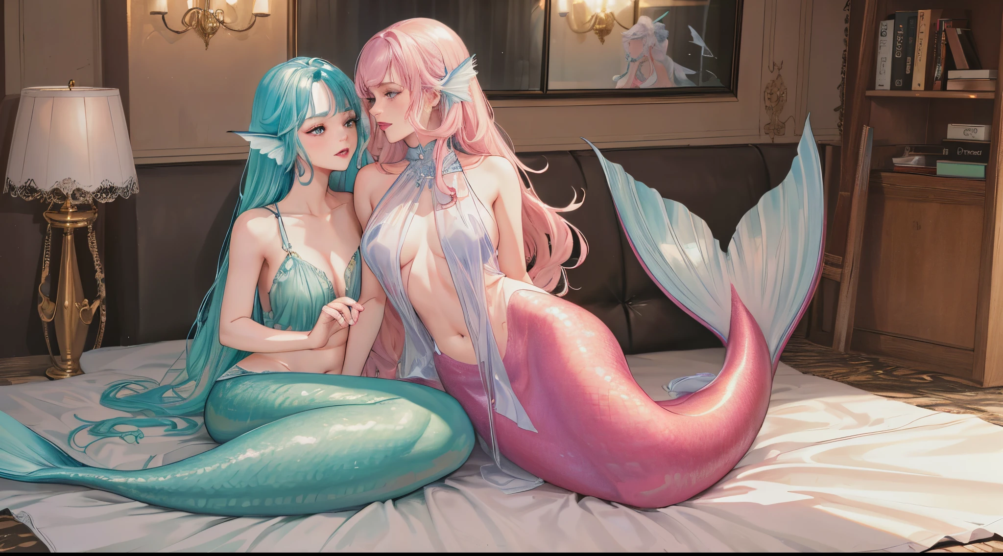 a mermaid, masterpiece, high quality, sharp focus, perfect face, perfect jawline, textured skin, beautiful lips, sunbeams, warm lighting, cool atmosphere, 8k, uhd, absurdres, Dynamic hair, Long straight hair, Delicate platinum-pink hair, two beautiful women, with detailed pretty faces with pastel colored eyes, who are mermaids with white-colored fishtails with fish scales, pastel-colored mermaid tails, perfect lower body tail (fish), fish-like lower bodies, slim upper bodies, extravagant fins on tails, scaly fishtails, each girl has different hair colors, black and white colored long curly hairs, passionately making out in a bed with white sheets, stripping each other's clothes off, very sexy, pleasured while rubbing their hands on each other, kissing lustfully while blushing and embarrassed, dripping saliva from their tongue and lips, with messy and see-through wet clothes, breast curtains, porcelain dress, areola transparent slip dress, blushing in an intimate moment, cuddling with each other, stimulating each other's nipples, licking boobs, laying on top of each other, shimmering white, full body view, pure white, elegant white, detailed drawing, extremely detailed drawing.