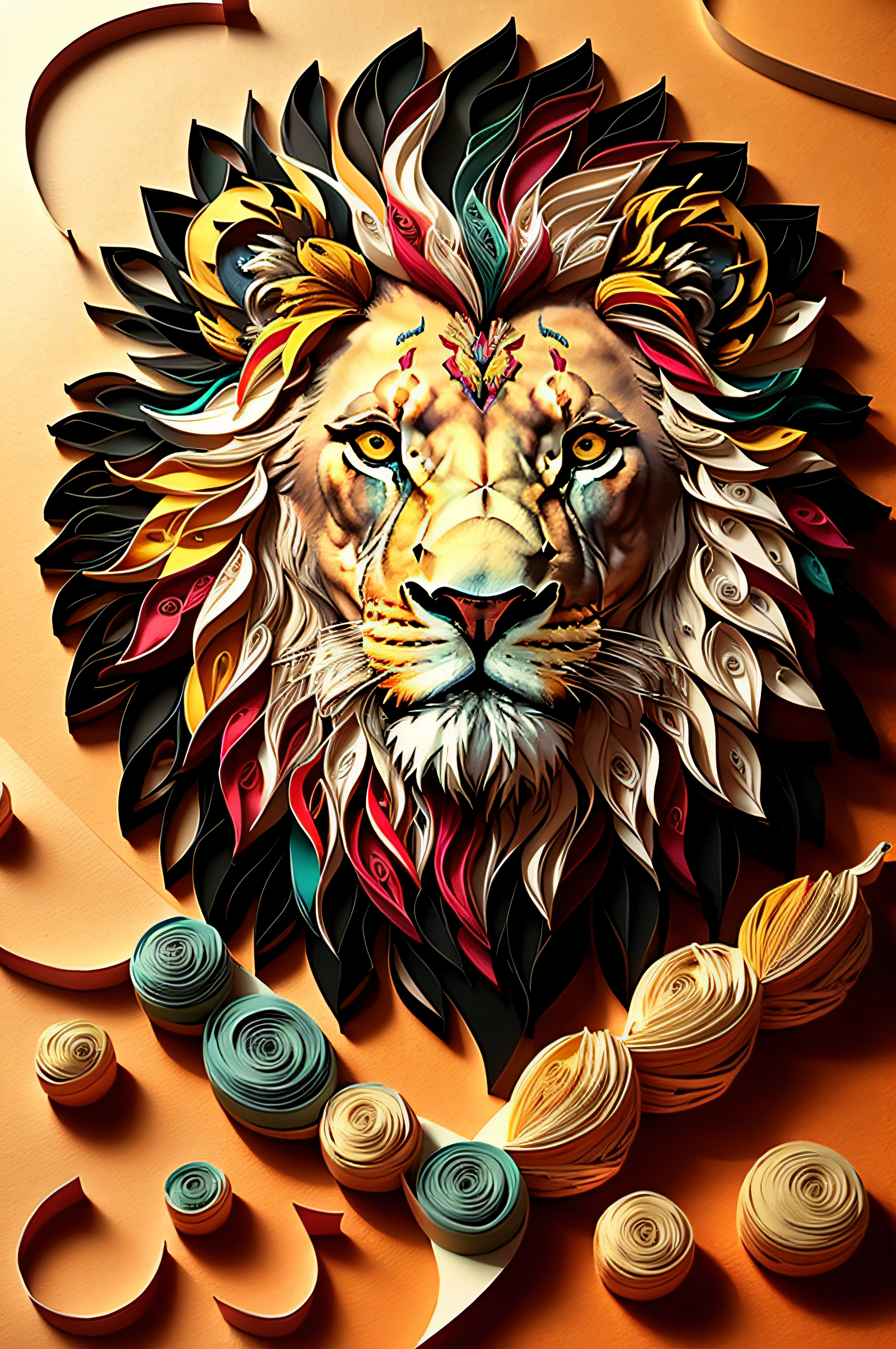 lion, multi dimensional paper quilling, art, chibi, yang08k,  beautiful,  colorful, masterpieces, top quality, best quality, official art, beautiful and aesthetic,