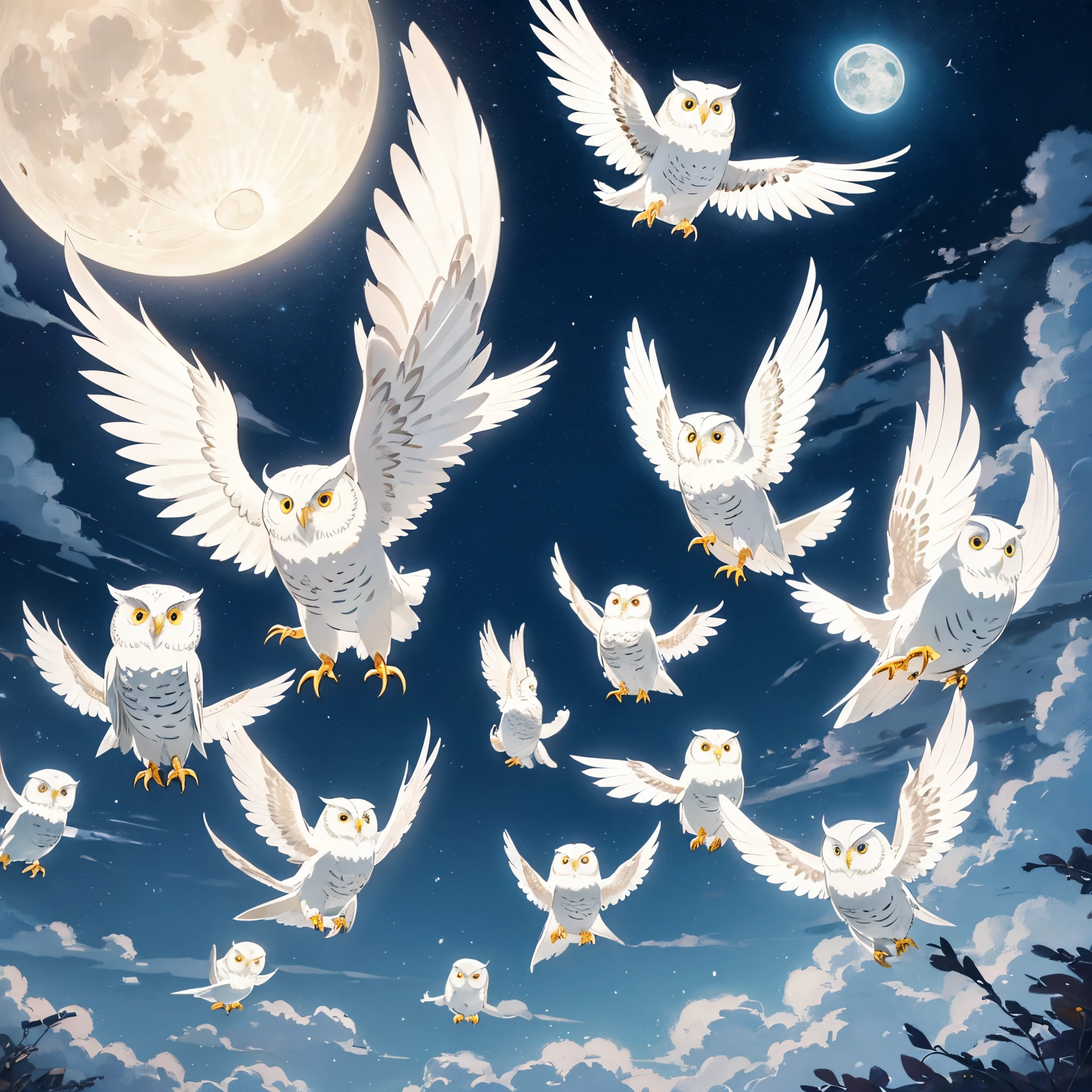 a white owl fly leader flock of litter owls, flying in night sky ( hight detail wings), sky with cloudy and wind, night background, light from moon and star, light effect fantasy, pastel color, studio ghibli anime, owl draw by studio ghibli.