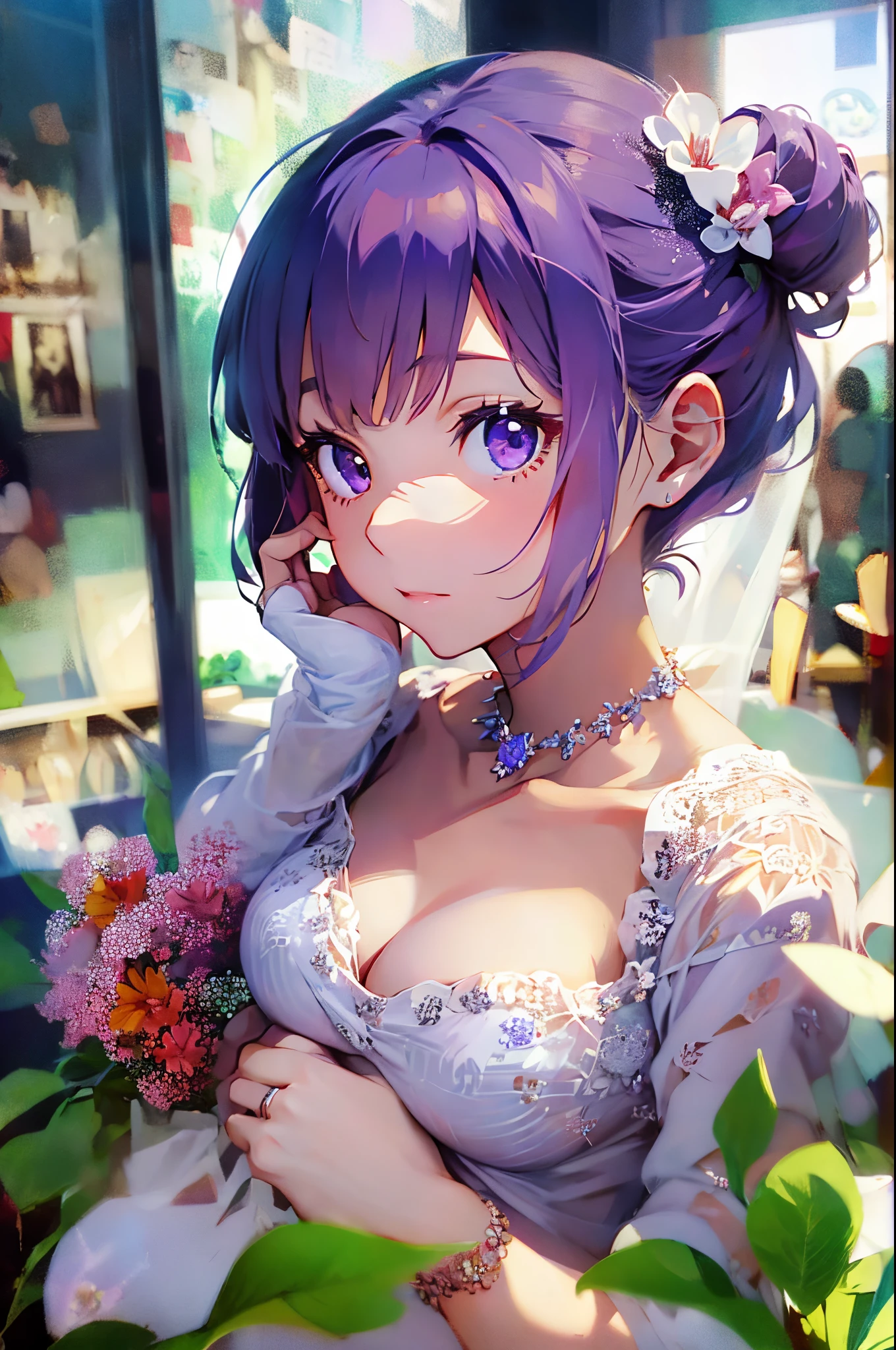 ​masterpiece、high detail girls（（独奏、a beauty girl、doress、Hair ornaments with attention to detail、Hair is tied up））、purple color  hair、Bun、Short Bob、Background with((fantastic wedding))、Glowing flower garden、diamond flower