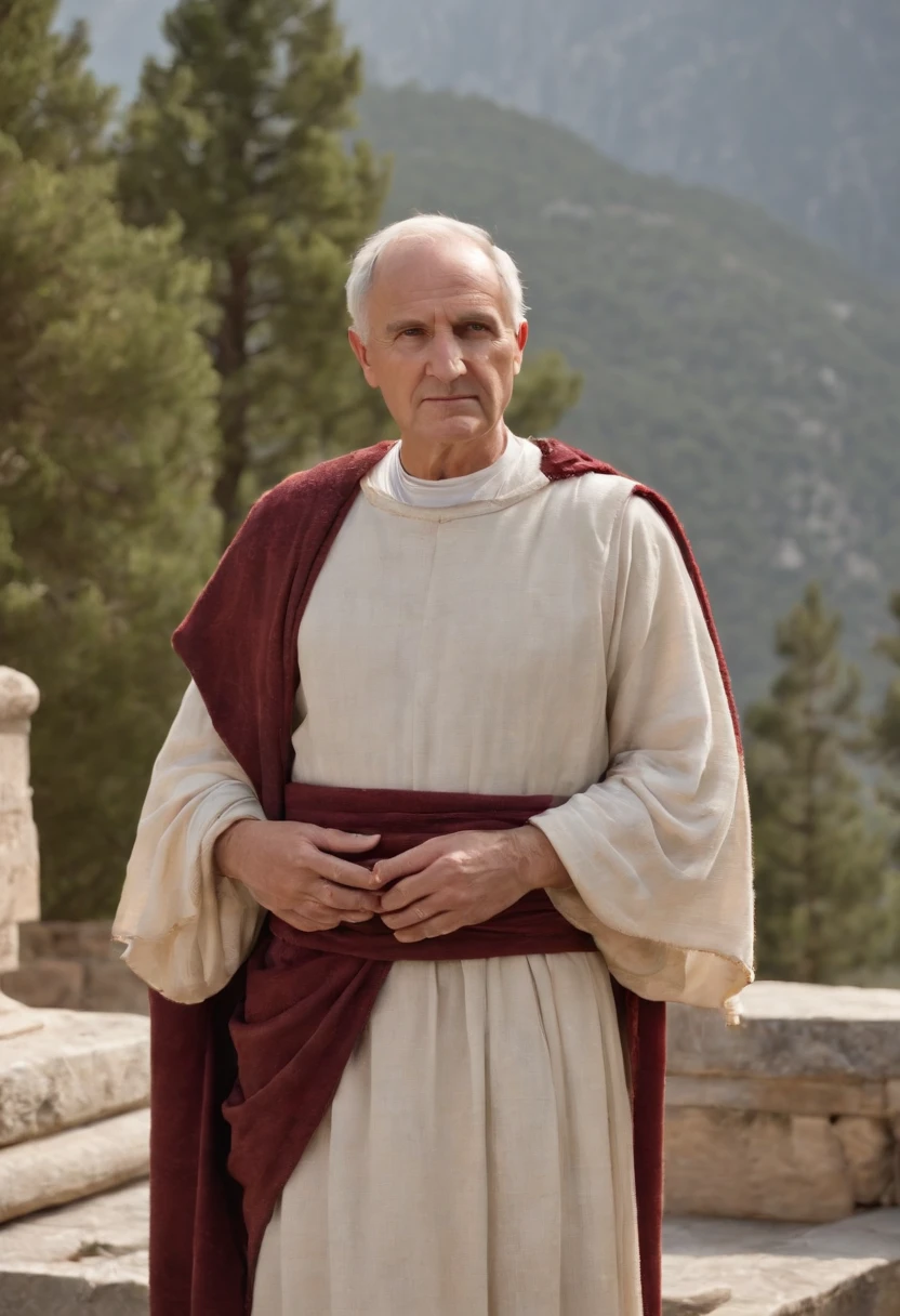 A captivating image of Marcus Tullius Cicero standing on the steps of the Temple of Apollo in Delphi, surrounded by the serene beauty of nature.,original,Marcus Tullius Cicero has a slender and tall build with a prominent forehead and high hairline. He has a long, thin face, a straight nose and a sharp chin. He has expressive and animated facial expressions. Meticulous in his appearance. Often wears a Roman Toga. He pays attention to his hair and beard.