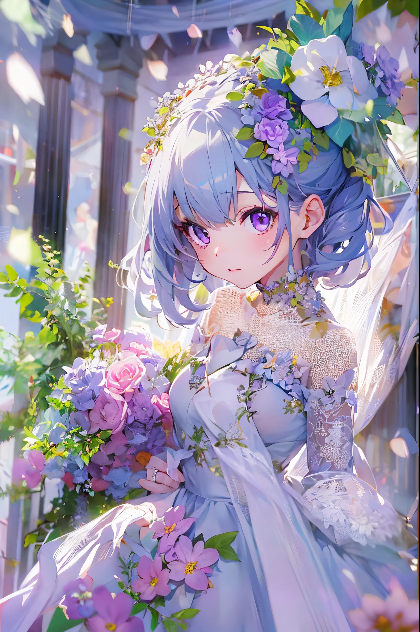 ​masterpiece、high detail girls（（独奏、a beauty girl、doress、Hair ornaments with attention to detail、Hair is tied up））、purple color  hair、Bun、Short Bob、Background with((fantastic wedding))、Glowing flower garden、diamond flower