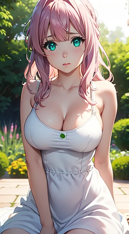 Very Cute girl,big sized boobs,half naked ,ultra realistic eyes, sleeveless white night dress,garden outside, pink colour hair,bright green eyes, ultra realistic detailed eyes, innocent eyes, looking at camera,long pink hair,
