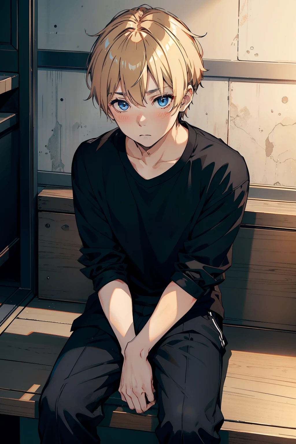 Sit facing the front。Golden wolf cut hairstyle hides left eye。Blue eyes。Staring at me。A boy wearing a black shirt and black pants。Boy in the foreground without glasses、red blush