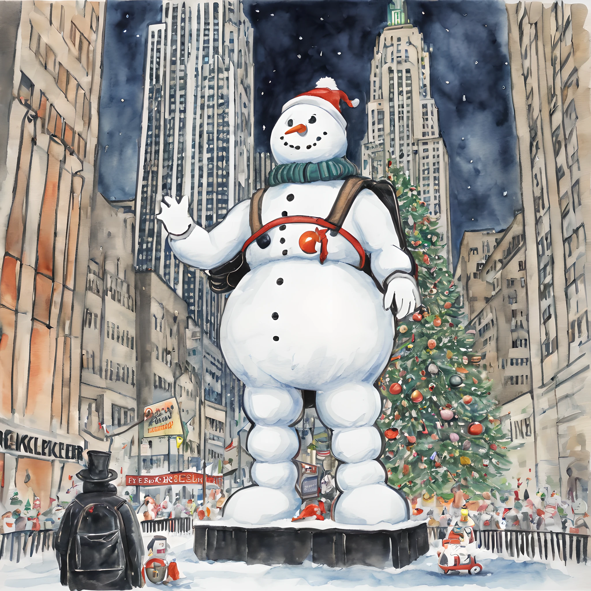 (snowman:1.5),(snowman theme:1.5),(dark horror theme:1.5),(thriller:1.5),(inspiration from Stephen King and ghost busters:1.5),(dark fantasy:1.5), (ink and watercolor painting:1.5), (full color:1.5), 8k, 4k, (snowman in front of rockefeller center:1.5),(Christmas:1.5),(absurderes:1.5),(fantastic:1.5),(best quality:1.5),(masterpiece:1.5),