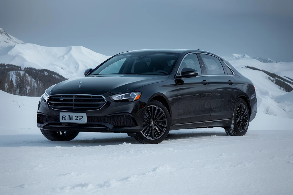 Panorama of a black car, (Blizzarding:1.3)(snow mountains:1.3,)(snowfield:1.3),Wallpapers,フォトリアリスティック,8K