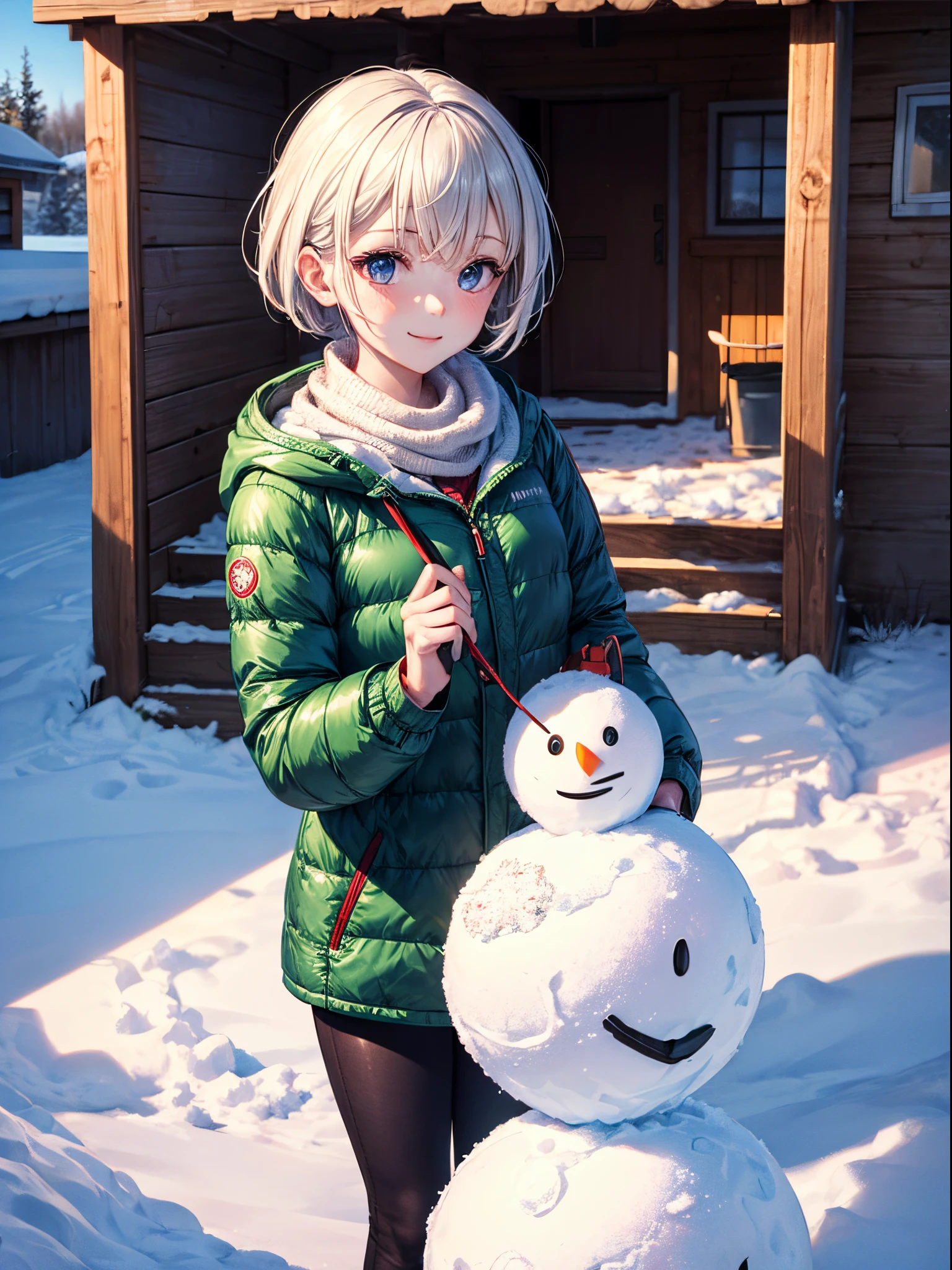 8K，UHD，high definition detail，tmasterpiece，((best details)),((high qulity))，Winters，on a sunny morning，A girl with short hair in a down jacket is happily building a snowman in the snow，Behind is the sun and the cabin