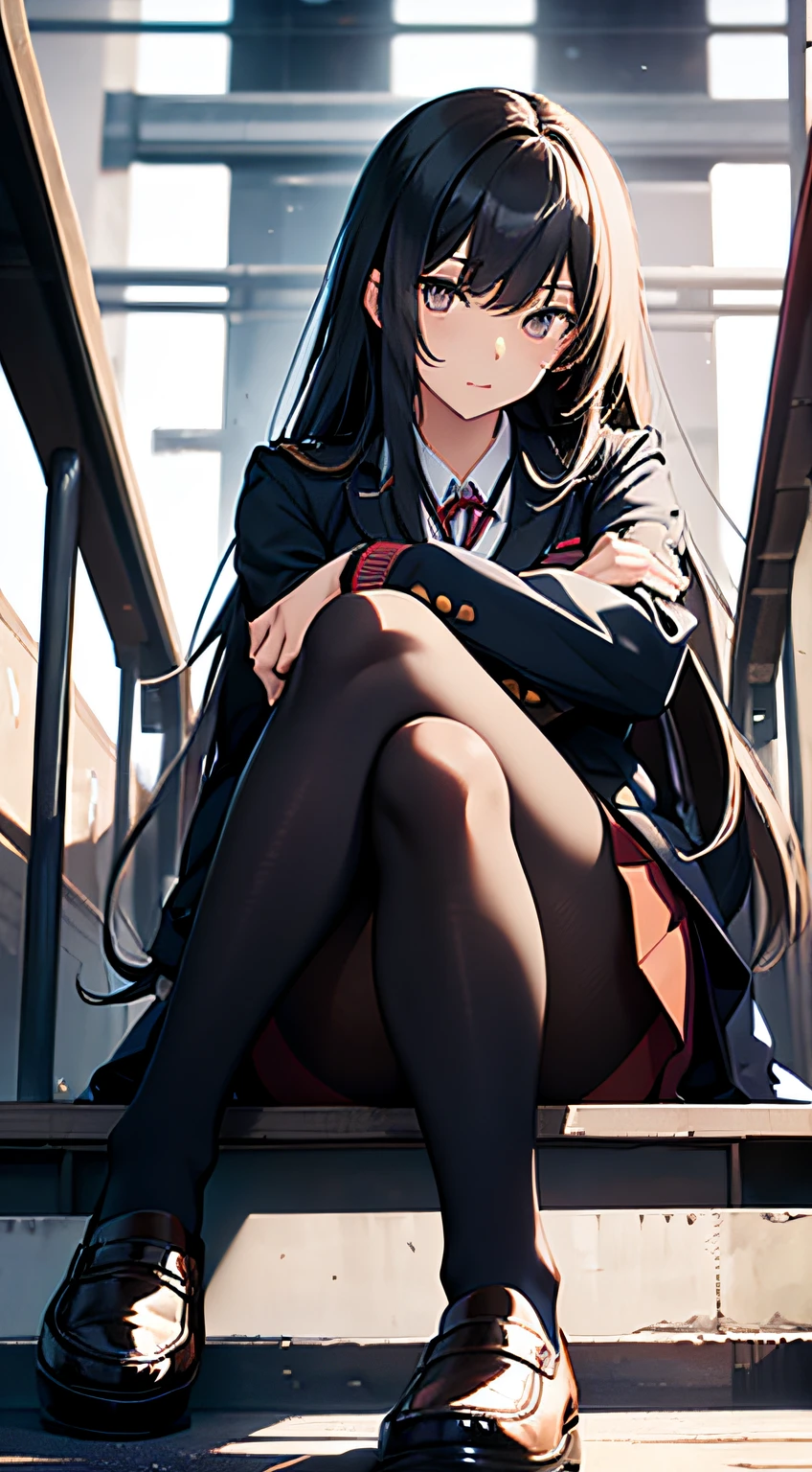 A female Japanese high school student in uniform wearing black pantyhose and loafers is sitting with her legs crossed. legs looming over you, detailed legs towering over you, with a scornful glance, portrait of person