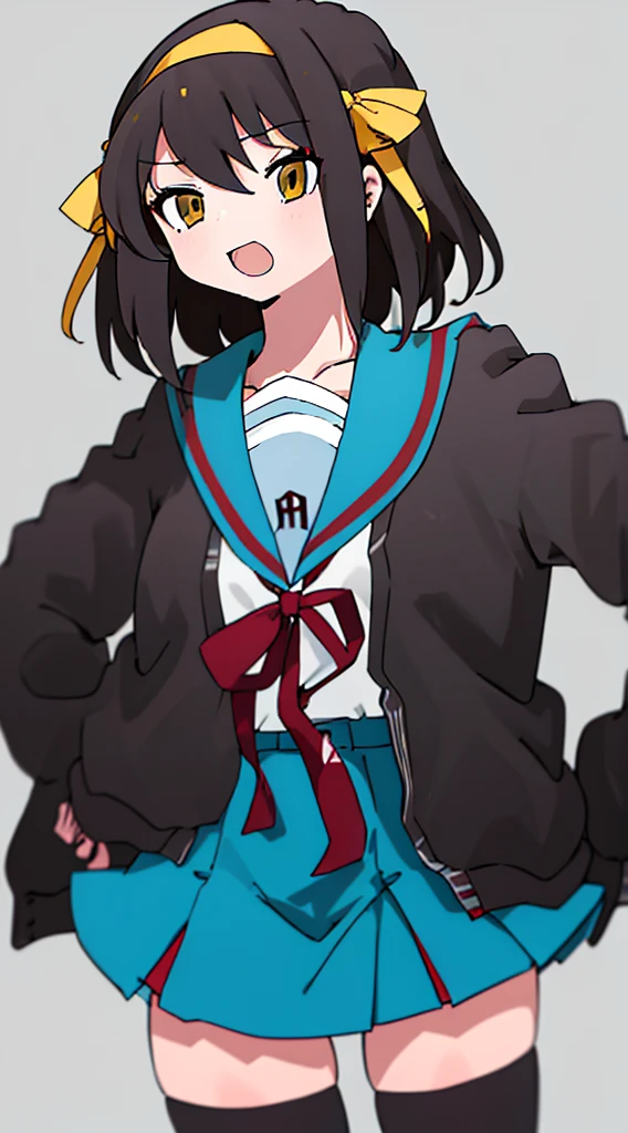 nukunukunigirimeshi style, anime style, best quality, 4k, masterpiece, 1 girl, solo, 1 schoolgirl, kita school uniform, simple colored, light gray background, suzumiya haruhi, yellow hair band, cardigan, winter uniform, serafuku, blue skirt, thighhighs