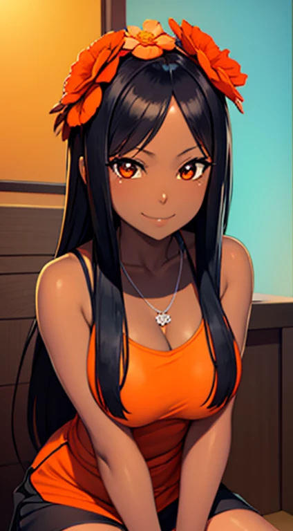 (masterpiece), best quality, expressive eyes, perfect face,black ebony skin, Orange colour tied sleeveless dress, short skirt, perfect shaped body,long hair, black hair, orange eyes,big sized boobs, black skin, ultra realistic detailed orange eyes, long and open hair,big smile, looking at camera, innocent eyes, innocent face,very cute anime girl face, black skin anime girl, cute smile on her face, flower necklace on her head, wearing flower bracelets on her hand