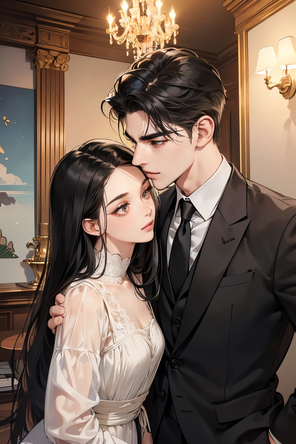 (table top, digital art, digital illustration, 4k, 8k, super detailed, beautiful images, clear image, realistic, RAW photo, perfect face, perfect lines, perfect eyes, soft lighting) 1 female, (long black hair,straight hair,bullish look,Beautiful woman,suit,solid makeup,small breasts、23 year old female,:1.3),secretary, suitを着たハンサムな男性 2 人, (human,suitを着た男,muscular,solid shoulder width, human,boyish hairstyle,british gentleman&#39;s style,A man in his 30s with a cool expression,28 year old man with a bright smile:1.2),Moonlight night、City of night、Moon and light、illumination、couple、coupleキス、romance、romanceポルノ、look at each other、hug each other