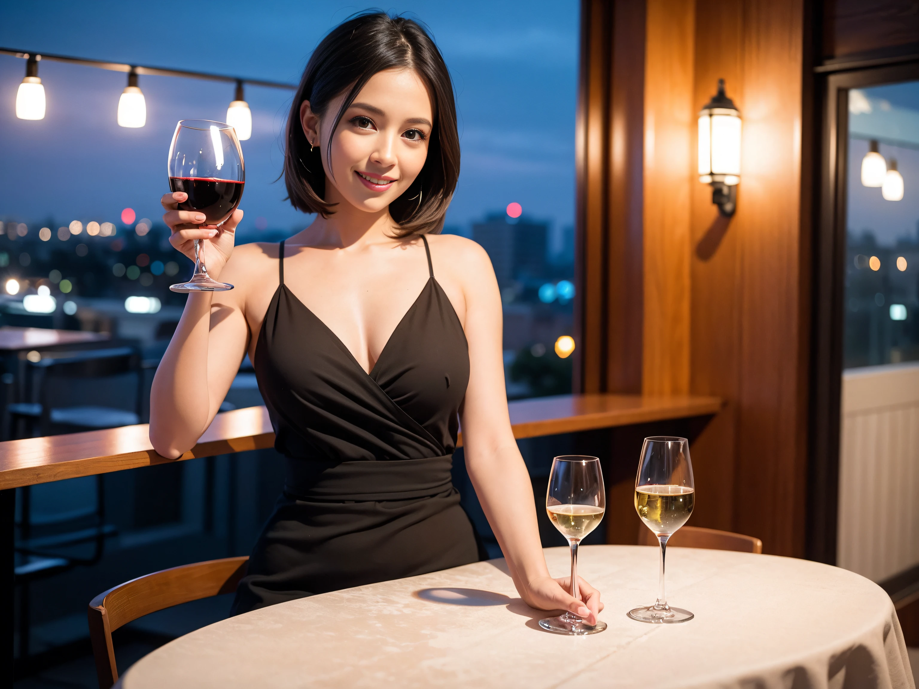 (64K, UHD, top quality, masterpiece: 1.2), (realistic, photorealistic: 1.37), super detailed, pretty woman 1 person, (slim face), (slim body), (brown hair), (short cut), cheeks slightly blushing, (41 years old), 38 years old, solo, outside the window is a beautiful detailed urban night view, restaurant, wine glasses sit, at night, in a prominent place (from the waist up) NovaFrogStyle, Actress, Model, Waist Up, White Wine, Slim, Wine Glass, Super Clean Night View, Wine Glass Put in the Middle, Happy Smile, (Smile: 1.15), Beautiful Fine Eyes, Upper Body, Bust Japan Up, Night, Short, Short, Actress, Model, Waist Up, White Wine, Slim, Wine Glass, Super Clean Night View, Wine Glass Put in the Middle, Happy Smile,