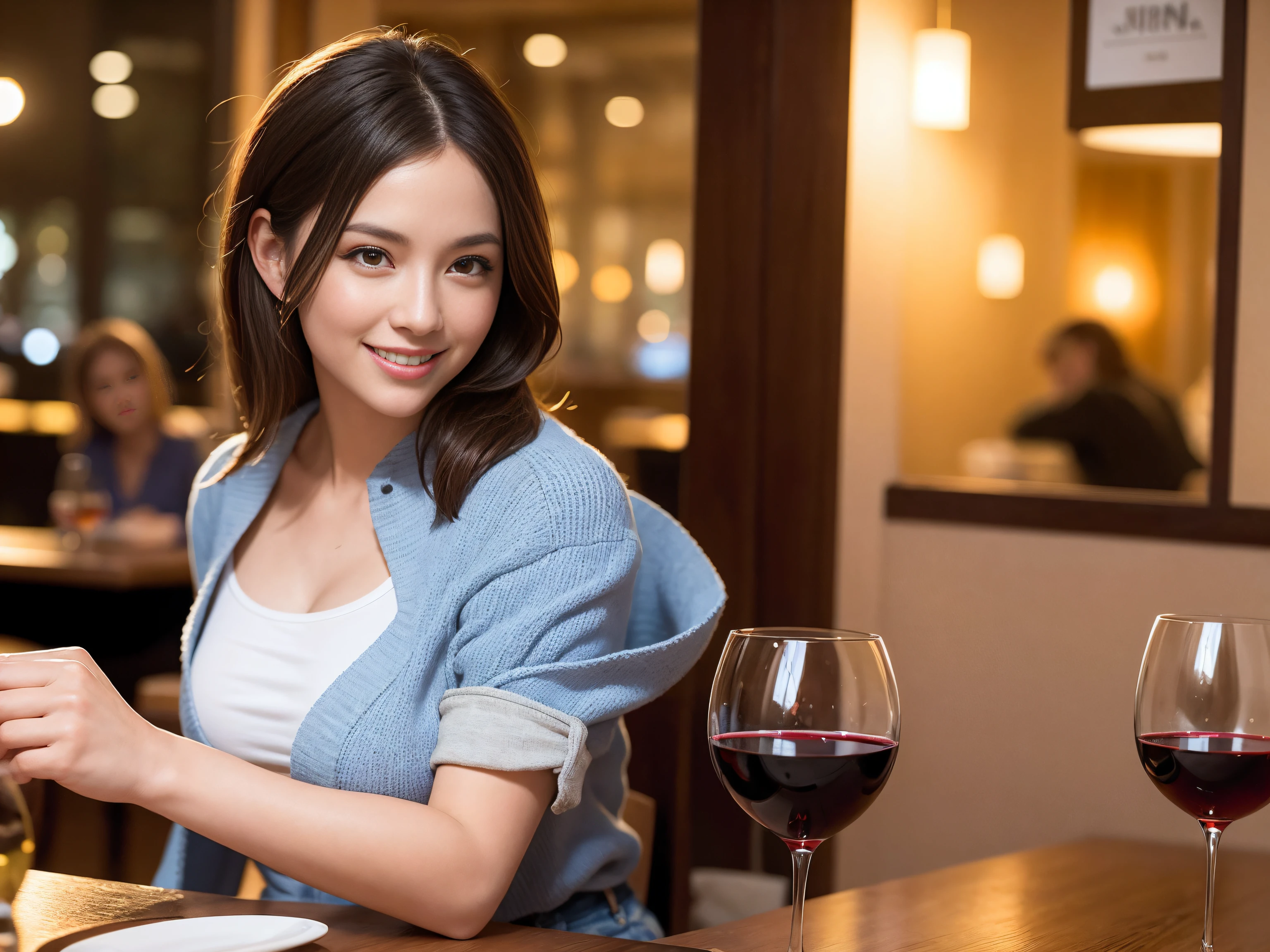 ((Highest quality、8K、masterpiece:1.3))、cute、slimカップル、modelカップル、(Realistic, Intricate details:1.2), full-course dinner、Wine Party、Amazing view of the sunset sky and clouds、A bright smile、The wonderfulness of smile、Bright image、The beauty of wine, Beautiful Face, blue eyes, The light shines on your face, Blushing, short hair,Bright Face、 (Age 37), Age 34, red wine 、Appetizers、Italian food、Wine bottle、Champagne、sparkling wine、Two beauties、Brown Hair、Shortcuts、Long sleeve shirt、dress、Beautiful woman 1, (slimな顔), (The body is slim), (Brown Hair), (Shortcuts), cheeks turn a little red,Attractive beauty、restaurant, In a prominent place (From the waist up) Nova Frog Style, actress, model, Upper Body, White wine, slim, wine glass, 中央に置かれたwine glass, smile, (smile: 1.15), Beautiful fine grain, Depth f/2,saturation, High Contrast, Strong light and shadow,Moist Body:1.5、3D texture、Delicate eyes、Brown Hair、The hair is very shiny、