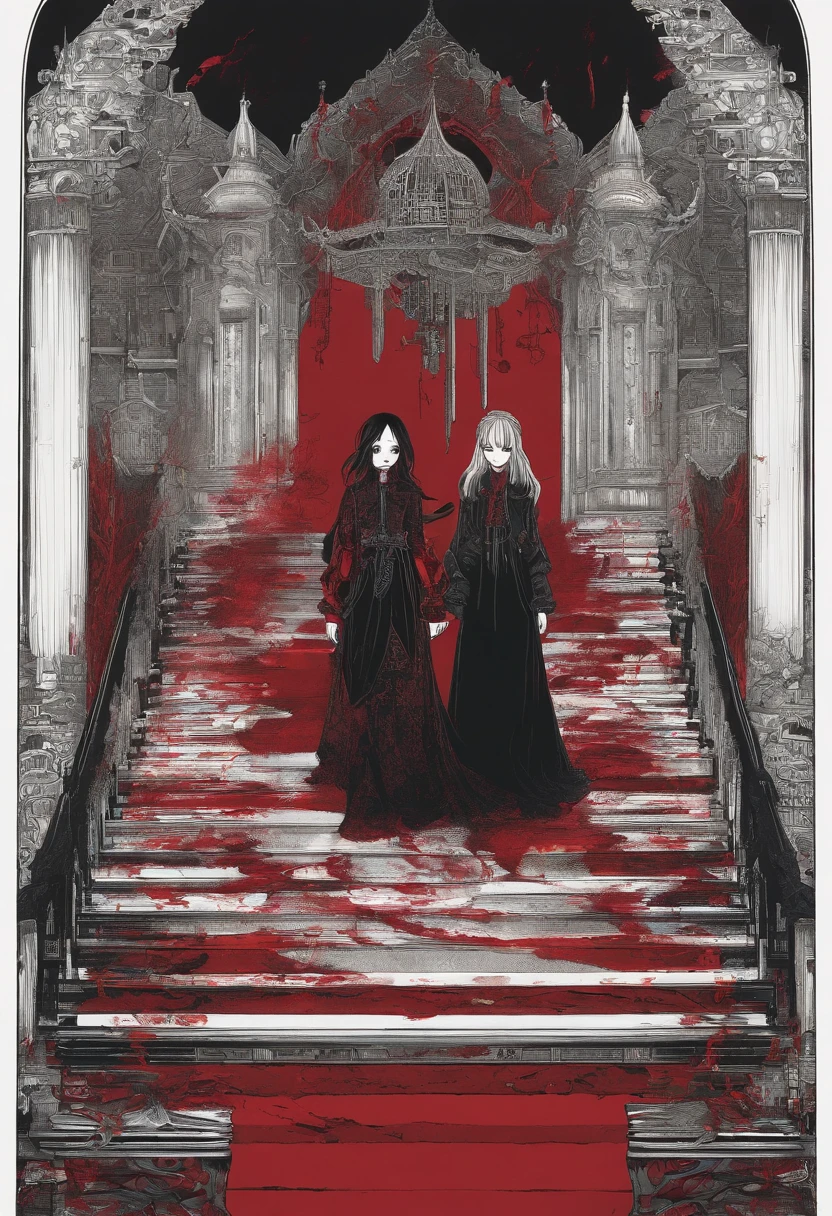 Two girls go upstairs, Wear Chinese embroidered clothing,Extensive ulceration of the girl's skin,Blood donation oozes,Bleeding from seven holes,There are maggots crawling on the body