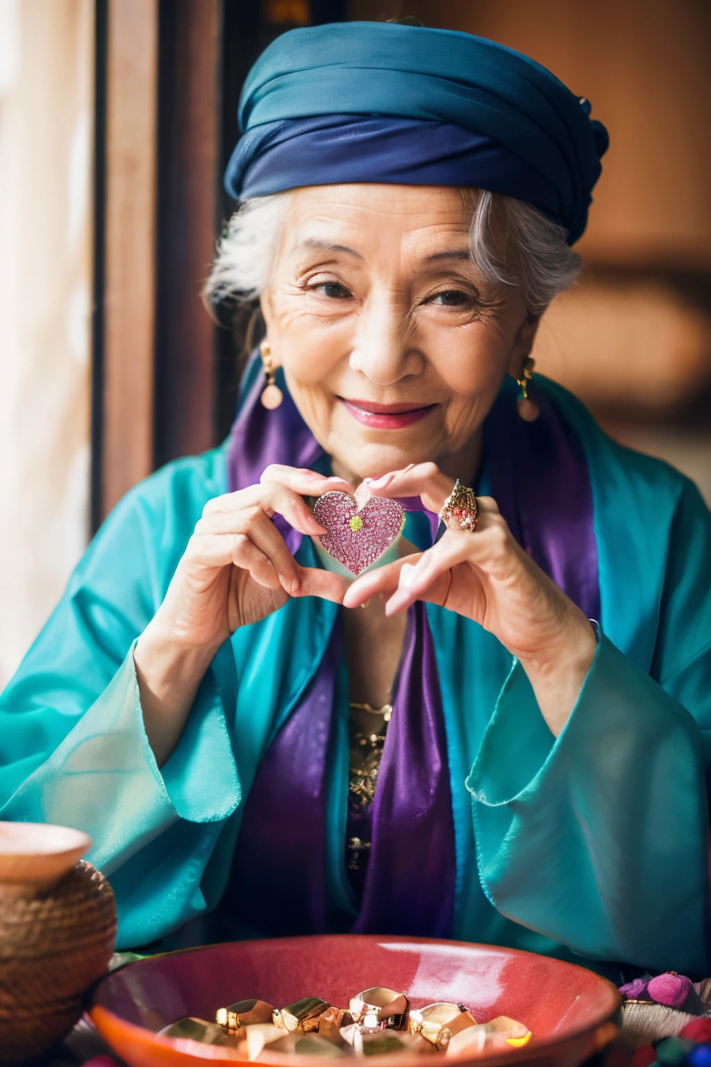 grandmather、fortune teller、A large sparkling heart crystal、A smile、Heart Earrings、Ring of Hearts