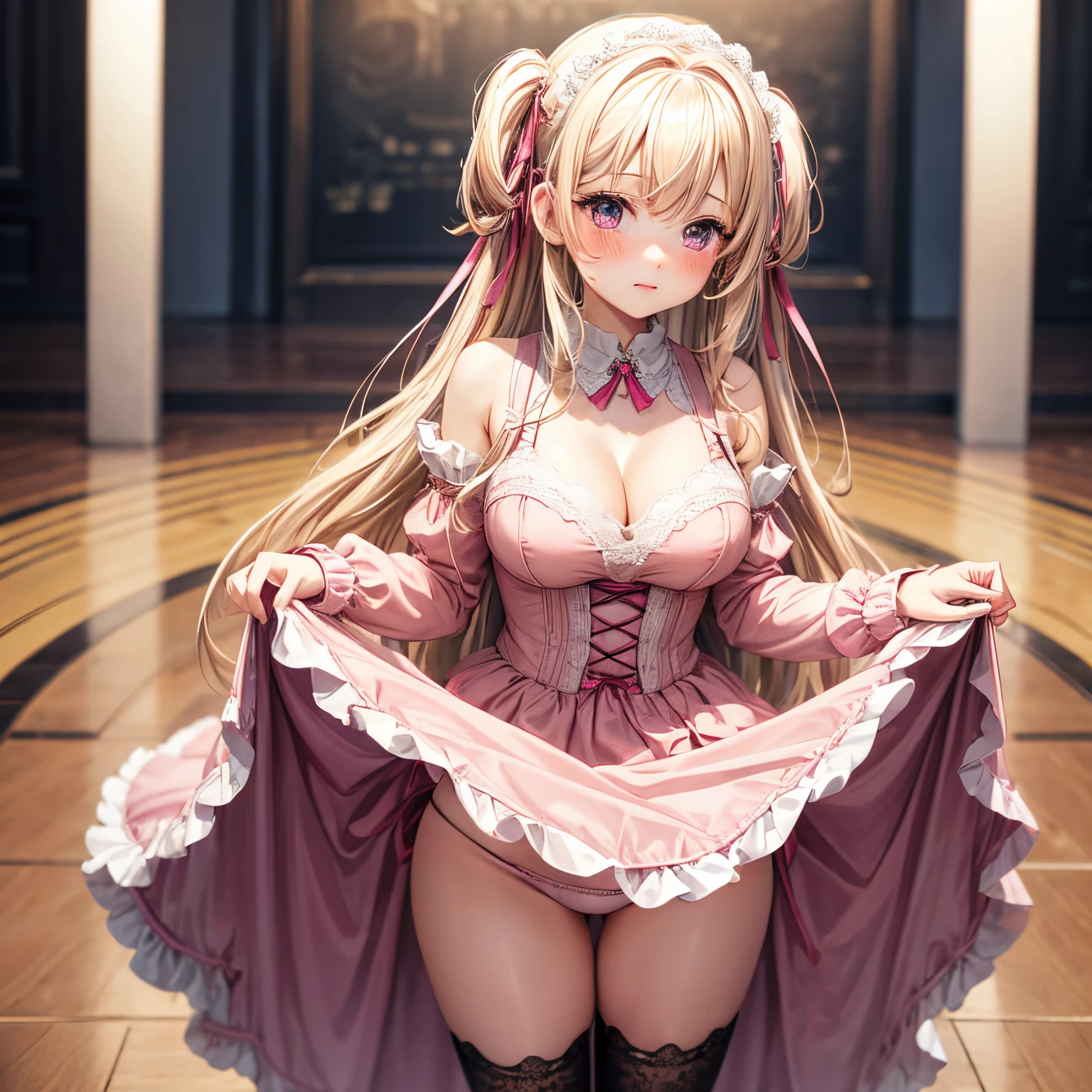 Young ta girl standing with blushed face and long blond hair with sidelocks, bend over,medium boobs, pink dress, cleavage,no pantie under dress, lift dress,