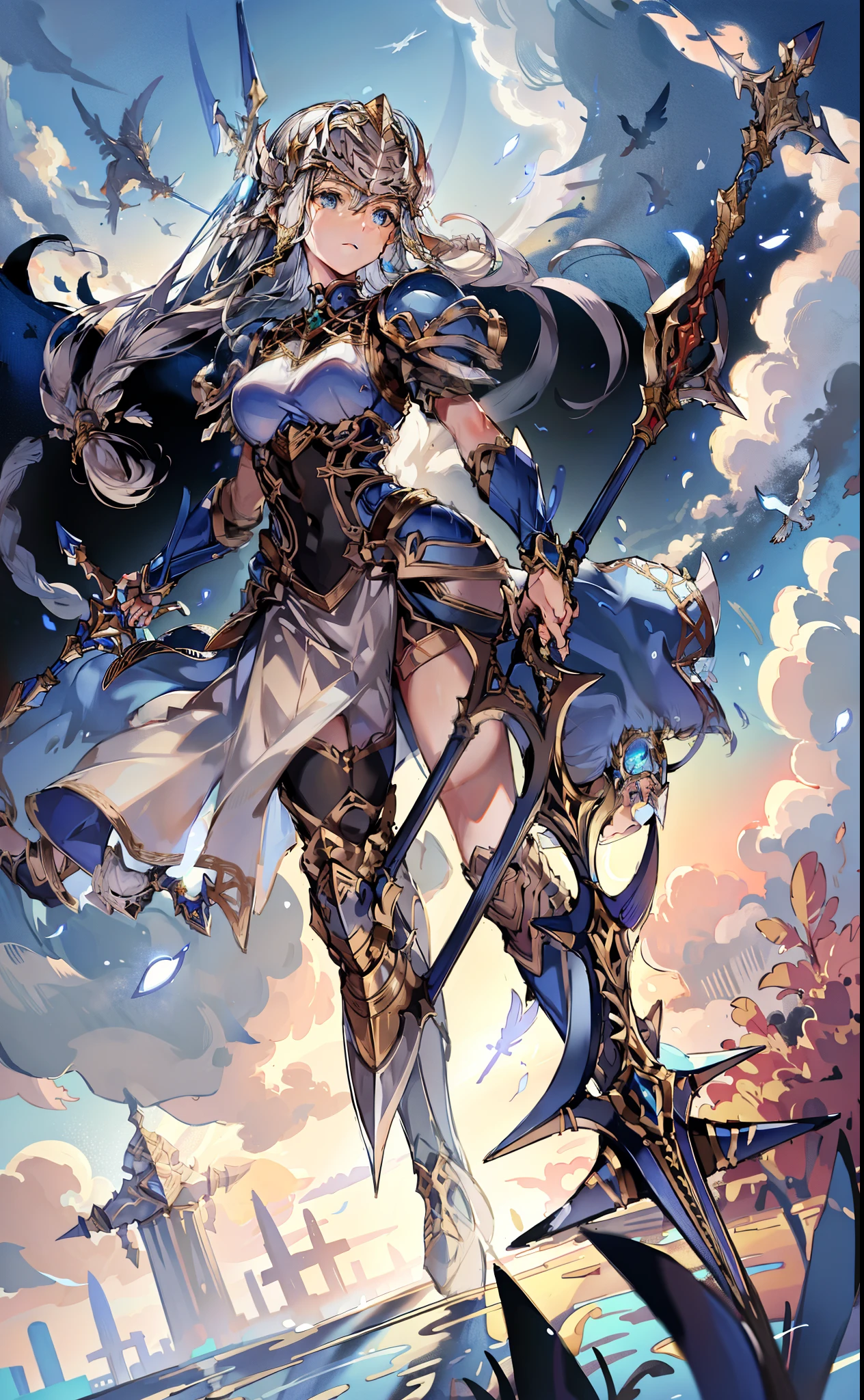 masterpiece, best quality, lenneth floating in the sky, holding a spear, intricate details, full body, ethereal wings, blue eyes,