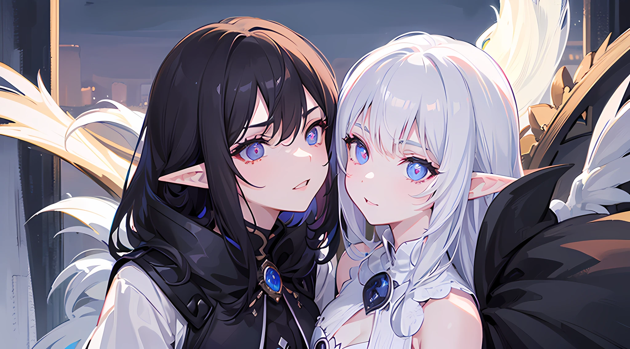 two elf girls, looking at viewers, black long hair, White short hair, Dark colors, kissing, ghotic style, Creepy style, Mommy Vibe, Two elf, Crazy, hugging, Strong facial study, full body, anger, bedroom