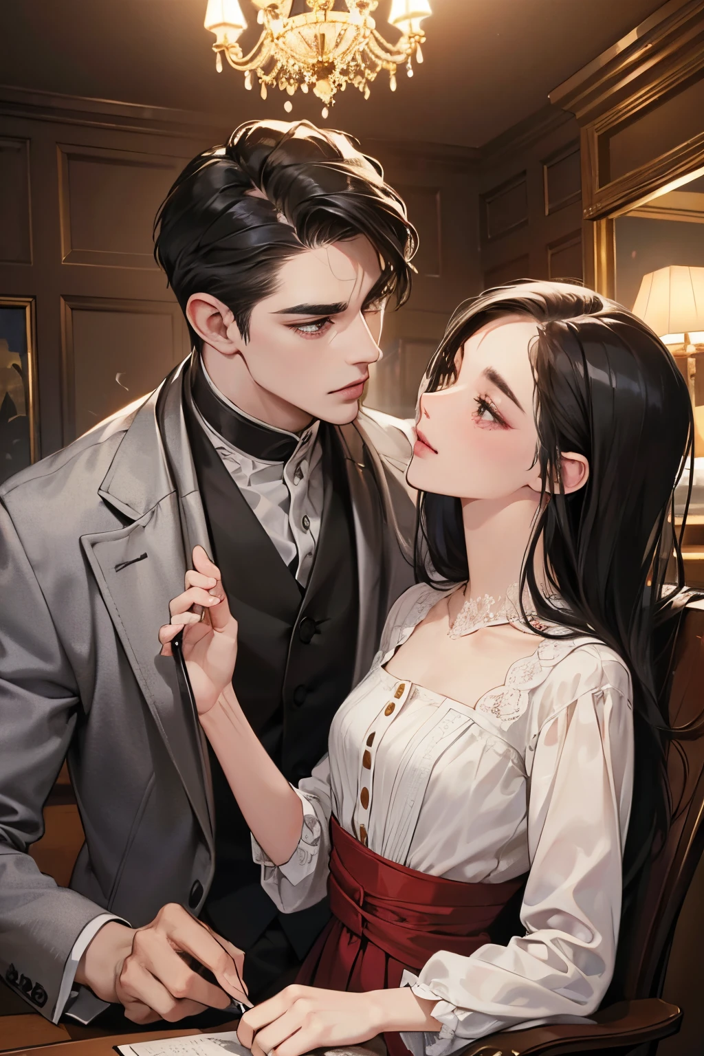 masterpiece, highest quality, One burly man in his forties, 1 20-year-old woman, The man is wearing a black coat, The man is strong, The woman is wearing a white dress, Around 40, Beautiful Face, Beautiful body, Long eyelashes, The man has jet black hair, White skin, Alluring, Beautiful Skin, Death is standing, The woman has a dreamy look on her face., A woman is blushing, The woman has lush brown hair, Men standing with Beautiful Face,Background is white roses
