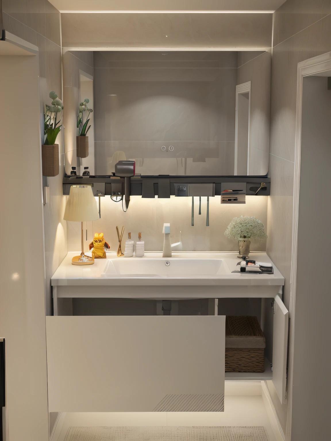 There is a bathroom,There's a sink and a mirror inside, excellent 3d render, Very realistic 3D rendering, high quality 3d render, high quality 3d render, highly detailed render, highly detailed 3d render, highly detailed 3d render, Well-lit 3D rendering, 3D ultra-realistic rendering, Clean 3D rendering, semi-realistic rendering