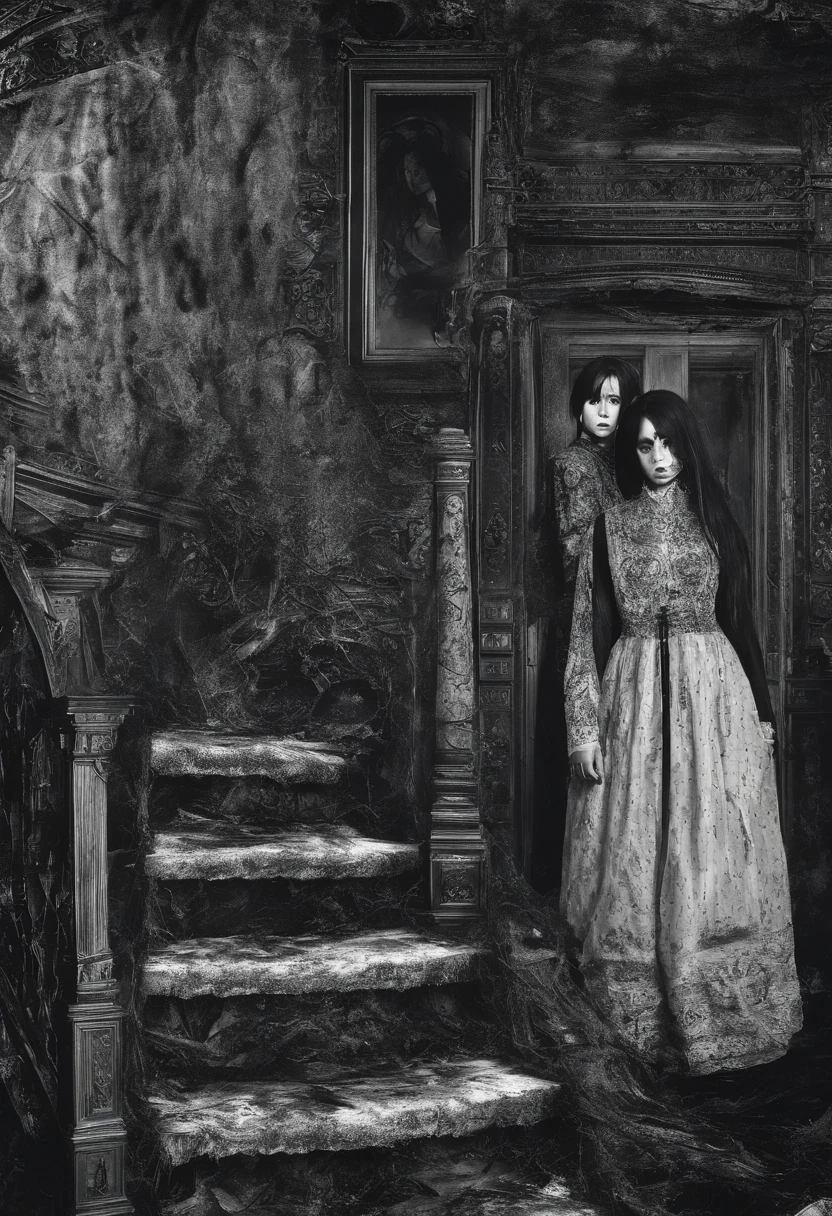 Two girls go upstairs, Wear Chinese embroidered clothing,Extensive ulceration of the girl's skin,Blood donation oozes,Bleeding from seven holes,There are maggots crawling on the body