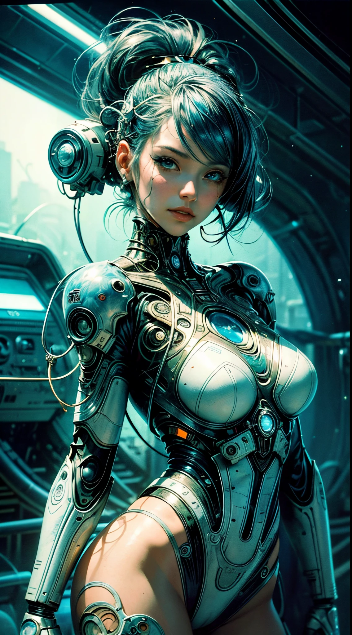 painting of a cyborg woman with a blue hair and a flower in her hair with cyber arms de costas, artgerm and james jean, anna dittmann alberto vargas, in style of anna dittmann, beautiful retro art, a beautiful artwork illustration, inspired by James Jean, james jean and wlop, james jean soft light 4 k, james jean soft light 4k, beautiful digital artwork