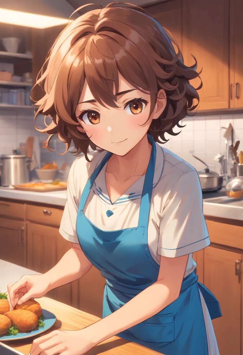 a curly hair mom,Brown eyes,Clothes wearing a blue apron, Open the whole body and turn sideways