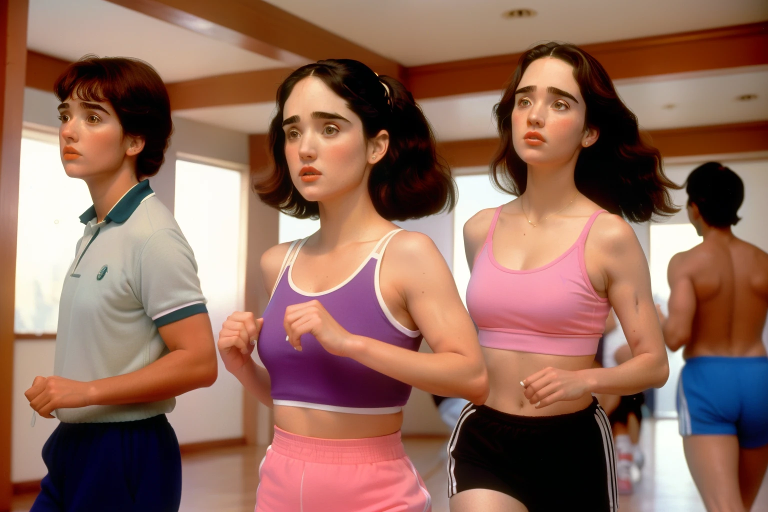 1995, Boston. Pre-raphaelite ((((40-year-old)) jennifer connelly)), exercising, with a friend, aerobic class, ((((casual Clothing from the 1990s)))) ((Hairstyle of the 1990s)), ((Wes Anderson cinematic style)), colorful