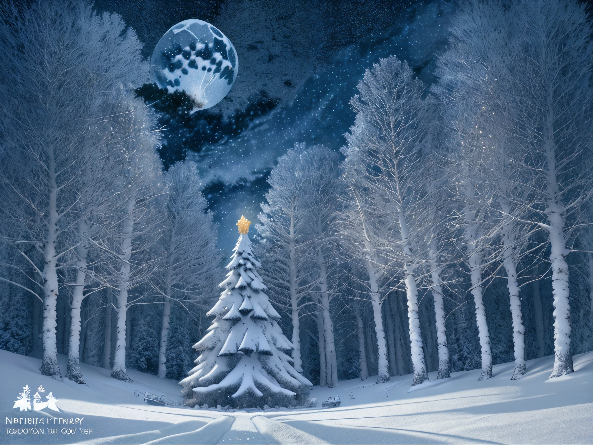 winter, christmas, snow, tree, landscape, night, holiday, illustration, card, sky, xmas, forest, vector, cold, snowflake, season, stars, star, blue, nature, scene, moon, trees, new year, celebration