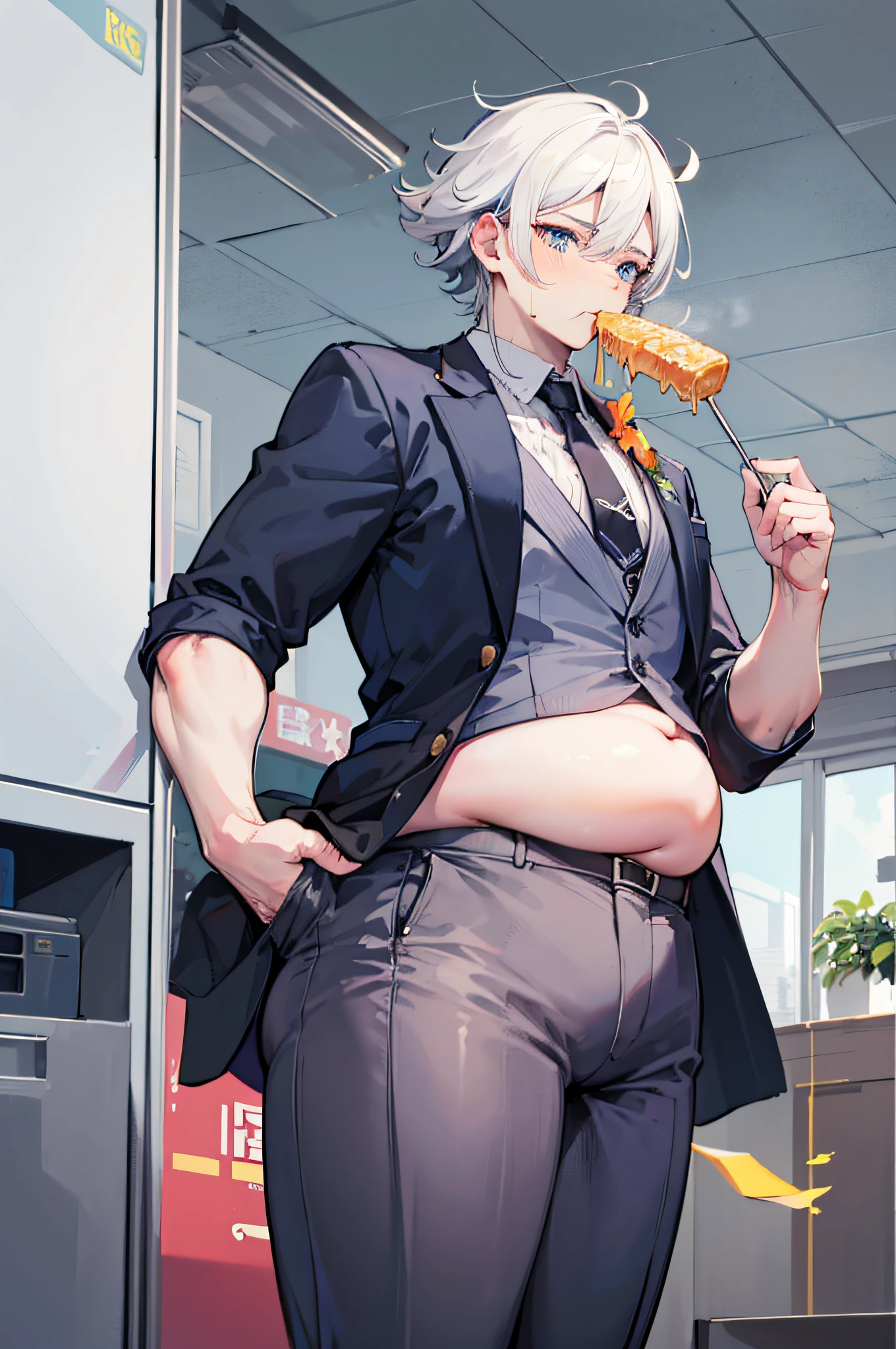 weight gain sequence, ((male focus)), solo male, anime style, white hair, ((shoulder-length hair)), ((medium length hair)), hair parted in the middle, sidetails, young man, male, suit and tie, formal clothing, large belly, fat belly, round belly, big belly, prominent belly, exposed belly, bloated, eating food, ((gaining weight)), comic, multiple panels, ((clothes tearing)), clothes ripping, skinny to fat, blushing, ((young man is noticing how fat he is as he eats)), ((blue eyes)), ((thick thighs)), plump thighs, big thighs, ((a young man in his early twenties, he has a lean figure except for his fat belly and thick thighs)), embarrassed expression, blushing, belly bursting out of clothes, young face, avoiding eye contact, holding food